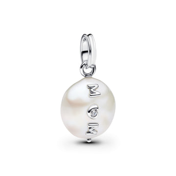 Mum Sterling Silver Dangle With White Treated Freshwater Cultured Baroque Pearl And Clear Cubic Zirconia