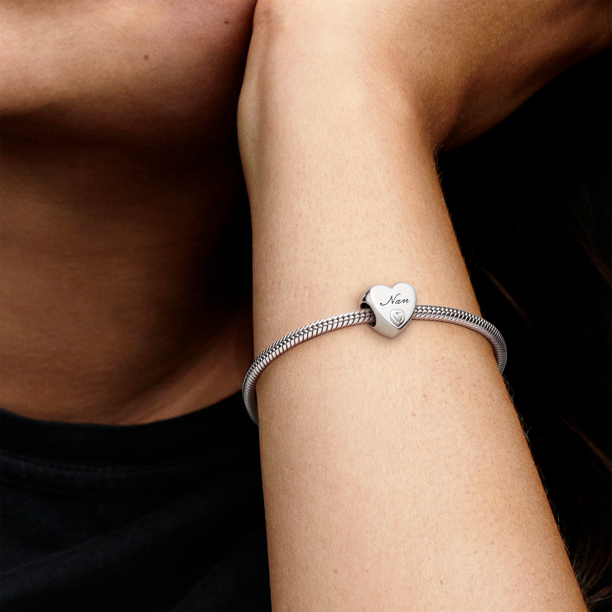 Nan Heart Silver Charm With Clear Cubic Zirconia