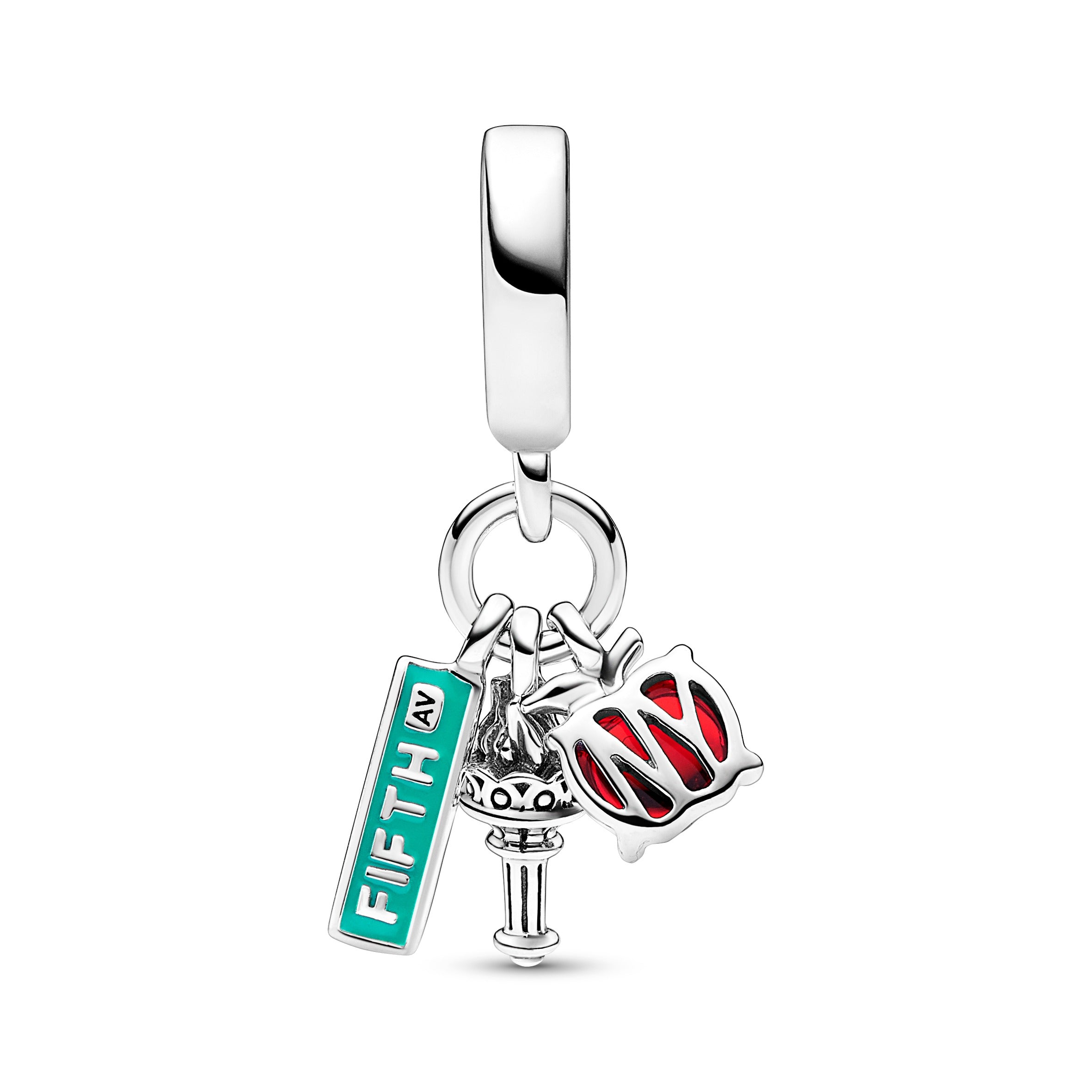 New York Triple Sterling Silver Dangle With Red Murano Glass And Teal Enamel