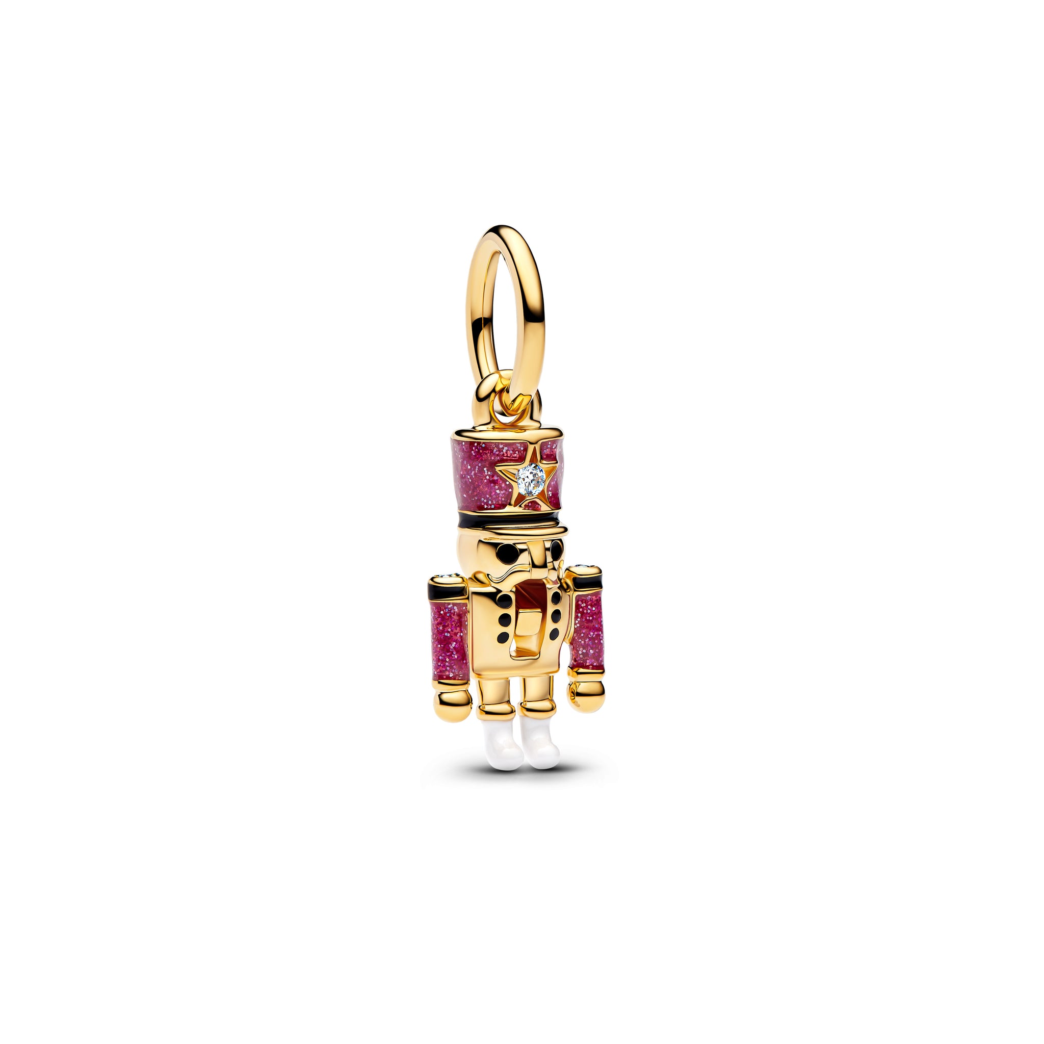 Nutcracker 14K Gold-Plated Dangle With Clear Cubic Zirconia, Glittery Pink, Black And White Enamel