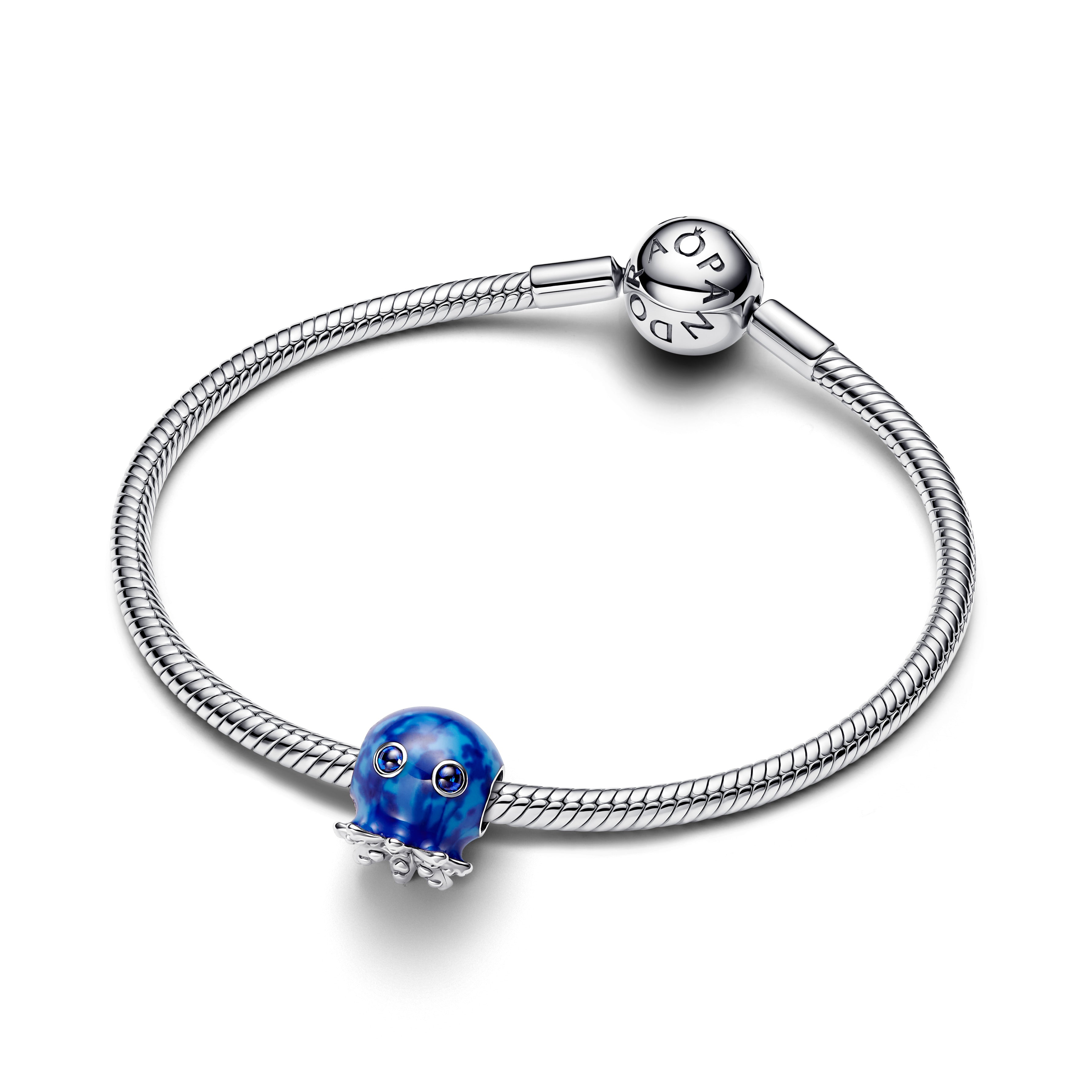 Octopus Sterling Silver Charm With True Blue Crystal And Blue Enamel