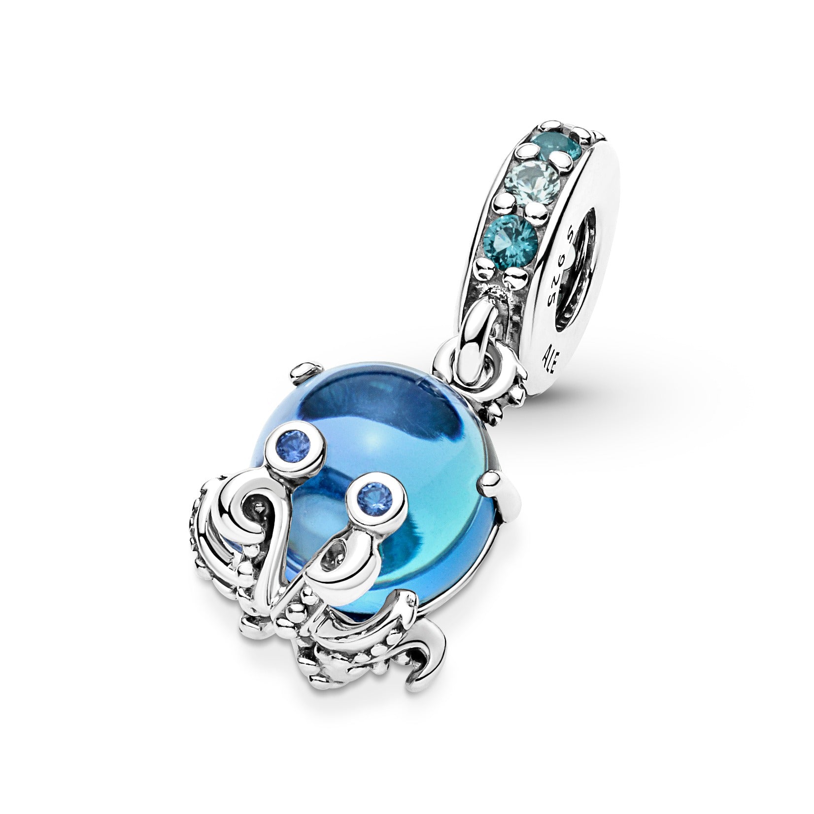 Octopus Sterling Silver Dangle With Bleached Aqua Blue, Icy Green, Stellar Blue Crystal And Bi-Color Green Blue Murano Glass