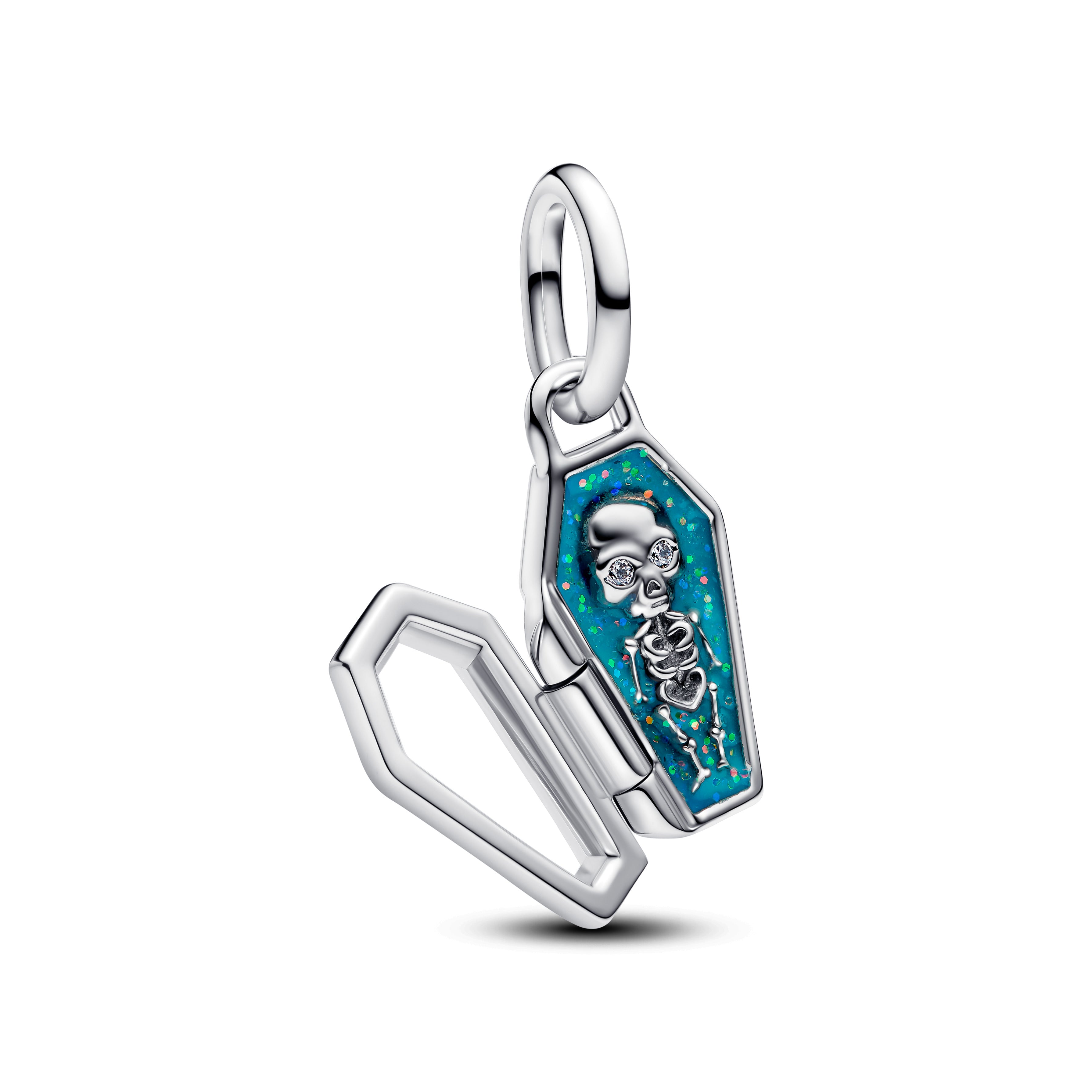 Openable Coffin Sterling Silver Dangle With Clear Cubic Zirconia And Glittery Teal Glow In The Dark Enamel