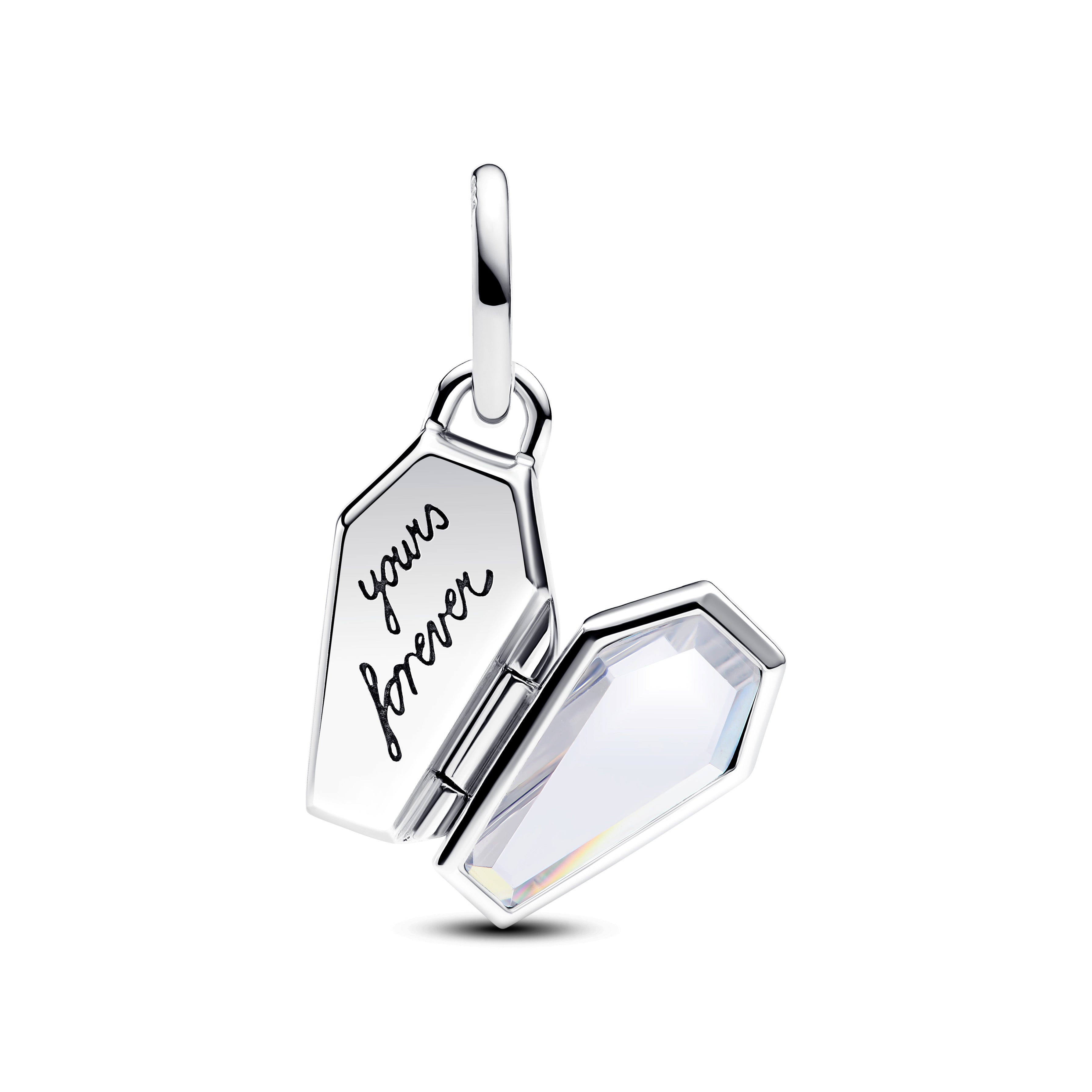 Openable Coffin Sterling Silver Dangle With Clear Cubic Zirconia And Glittery Teal Glow In The Dark Enamel