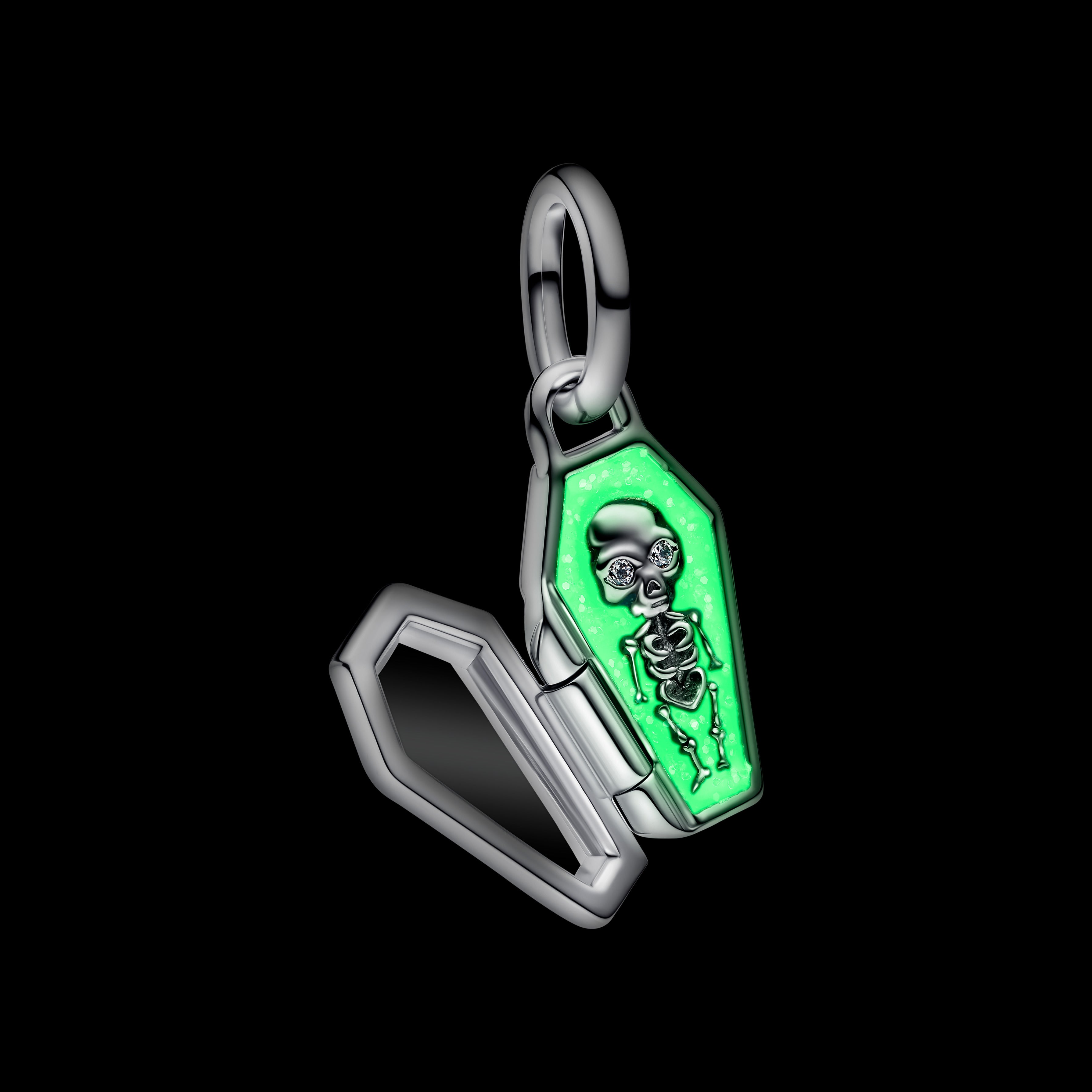 Openable Coffin Sterling Silver Dangle With Clear Cubic Zirconia And Glittery Teal Glow In The Dark Enamel