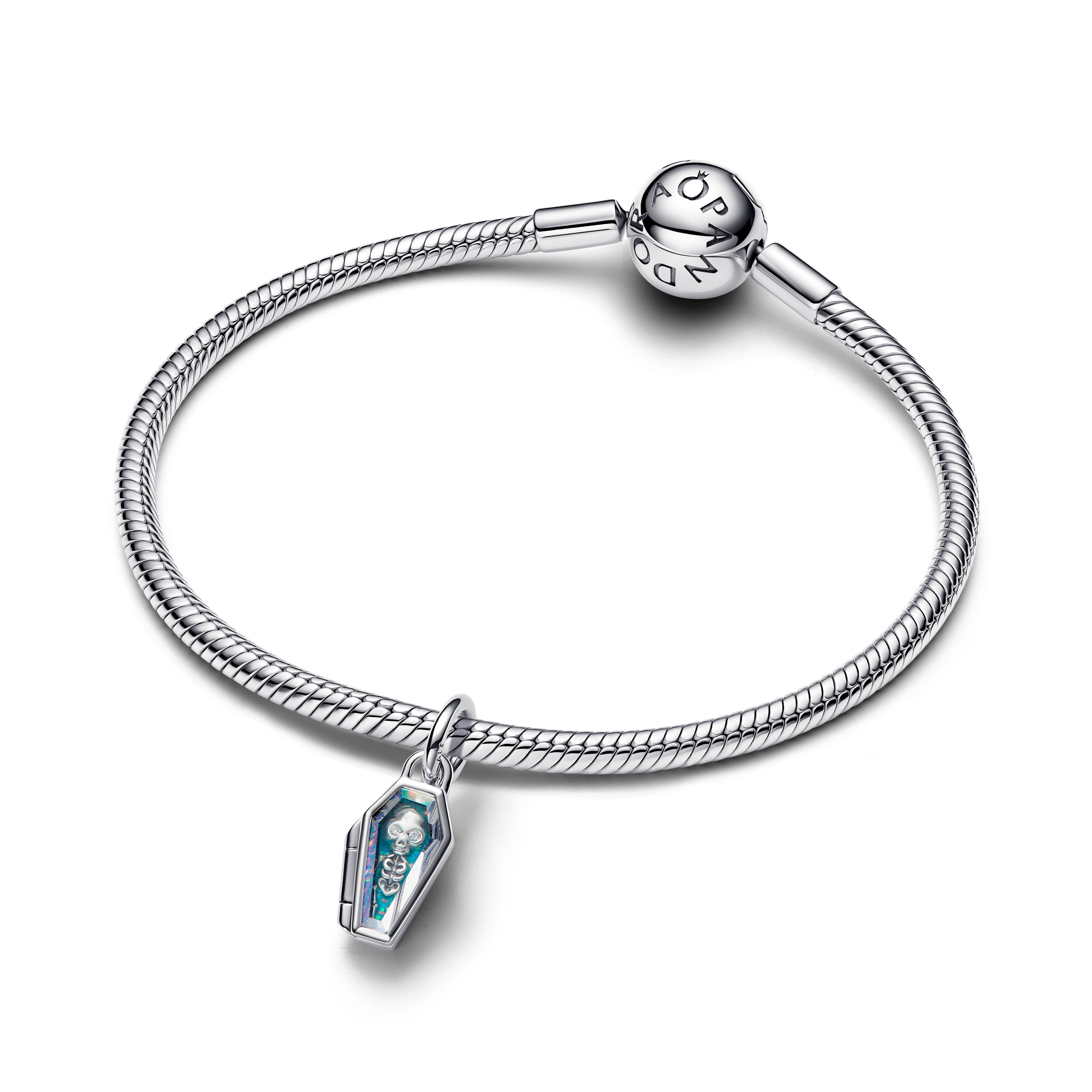 Openable Coffin Sterling Silver Dangle With Clear Cubic Zirconia And Glittery Teal Glow In The Dark Enamel