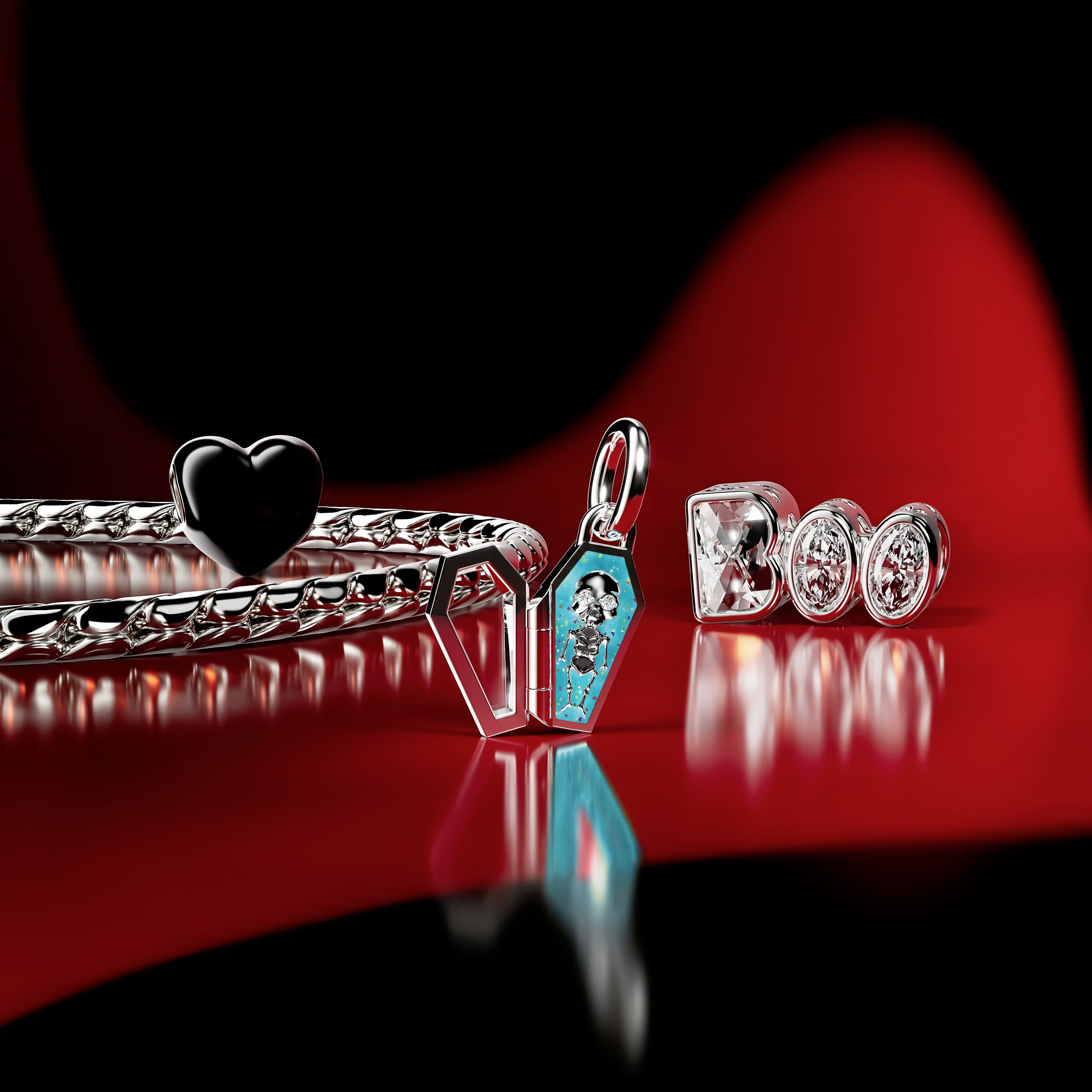 Openable Coffin Sterling Silver Dangle With Clear Cubic Zirconia And Glittery Teal Glow In The Dark Enamel