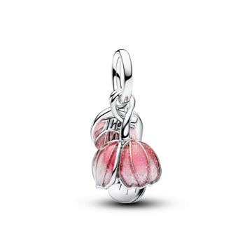 Openable Flower Sterling Silver And 14K Gold-Plated Dangle With Royal Green Crystal And Glittery Shaded Pink Uv Resin