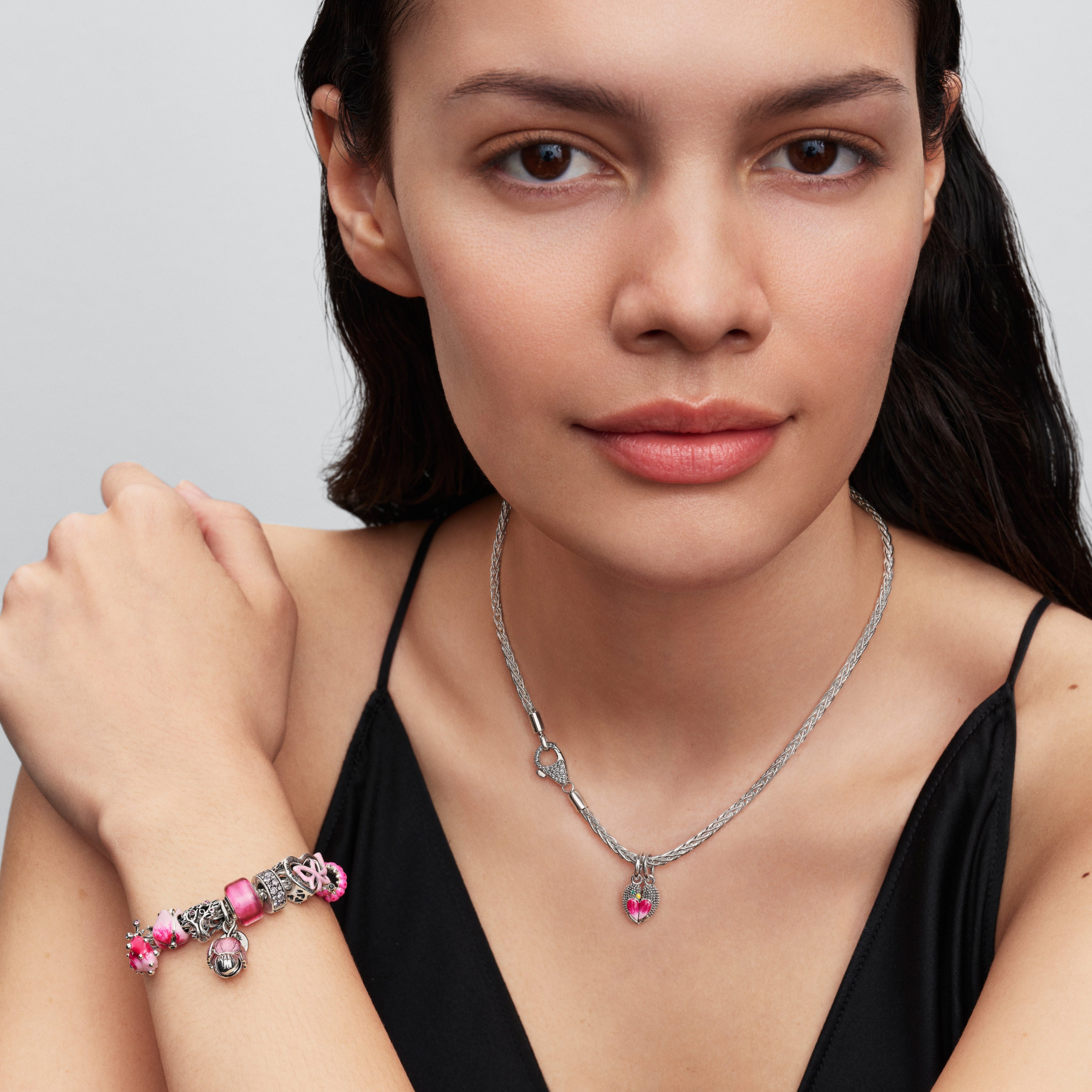 Openable Flower Sterling Silver And 14K Gold-Plated Dangle With Royal Green Crystal And Glittery Shaded Pink Uv Resin