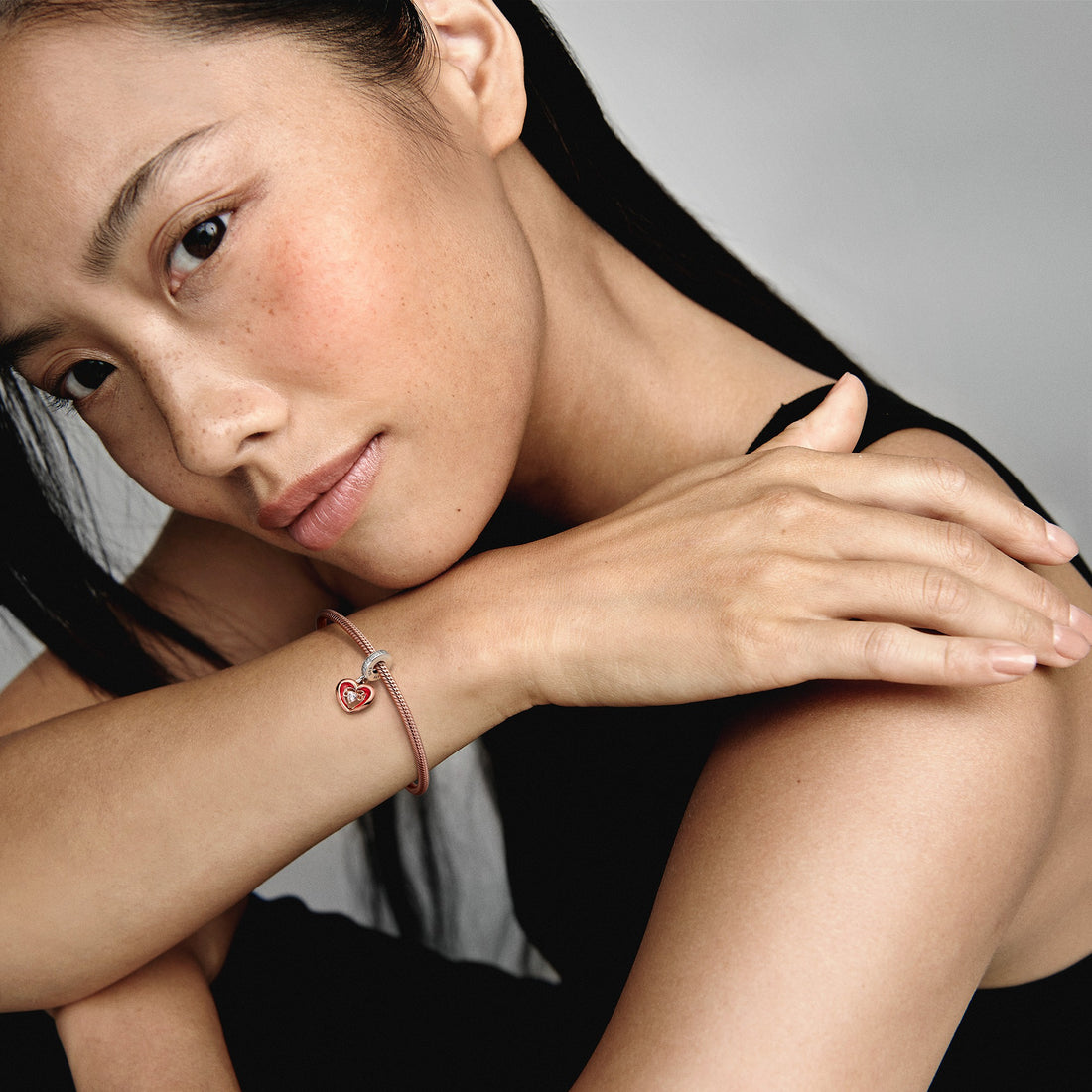 Open Heart Sterling Silver And 14K Rose Gold-Plated Dangle With Clear Cubic Zirconia And Red Enamel