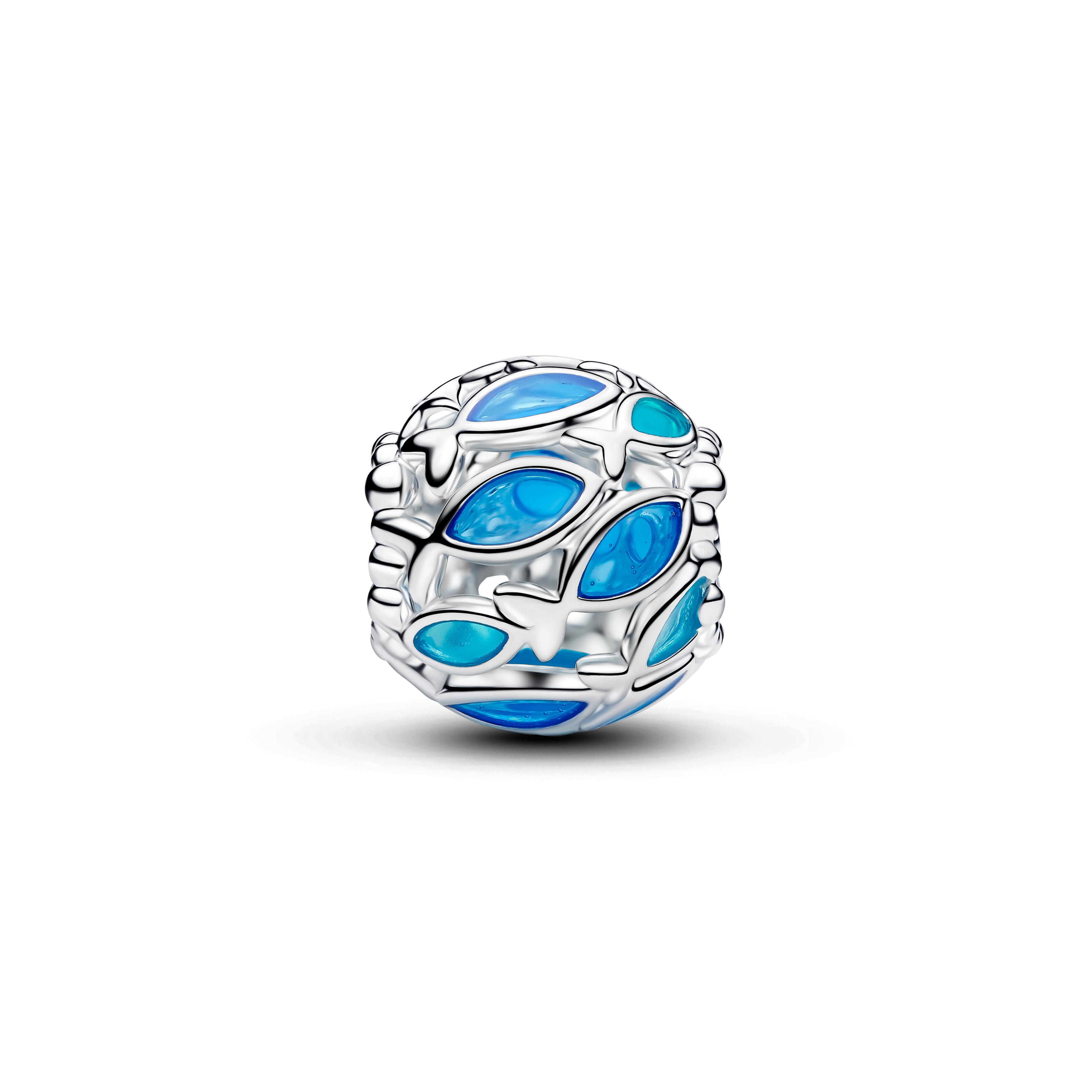 Openwork Fish Sterling Silver Charm With Transparent Blue Enamel