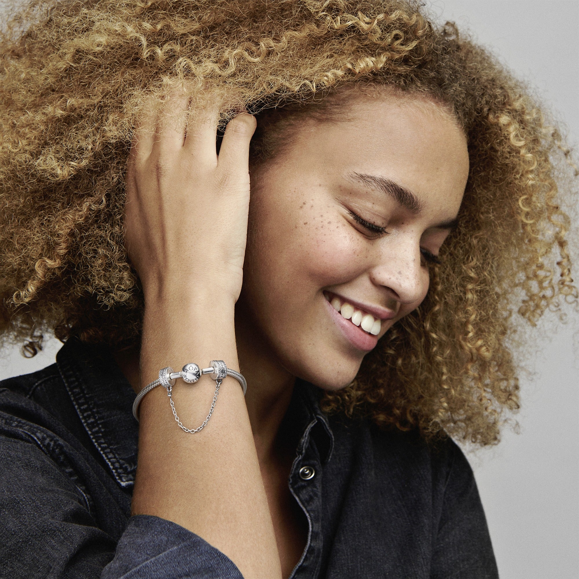 Pandora Logo Silver Safety Chain With Clear Cubic Zirconia And Silicone