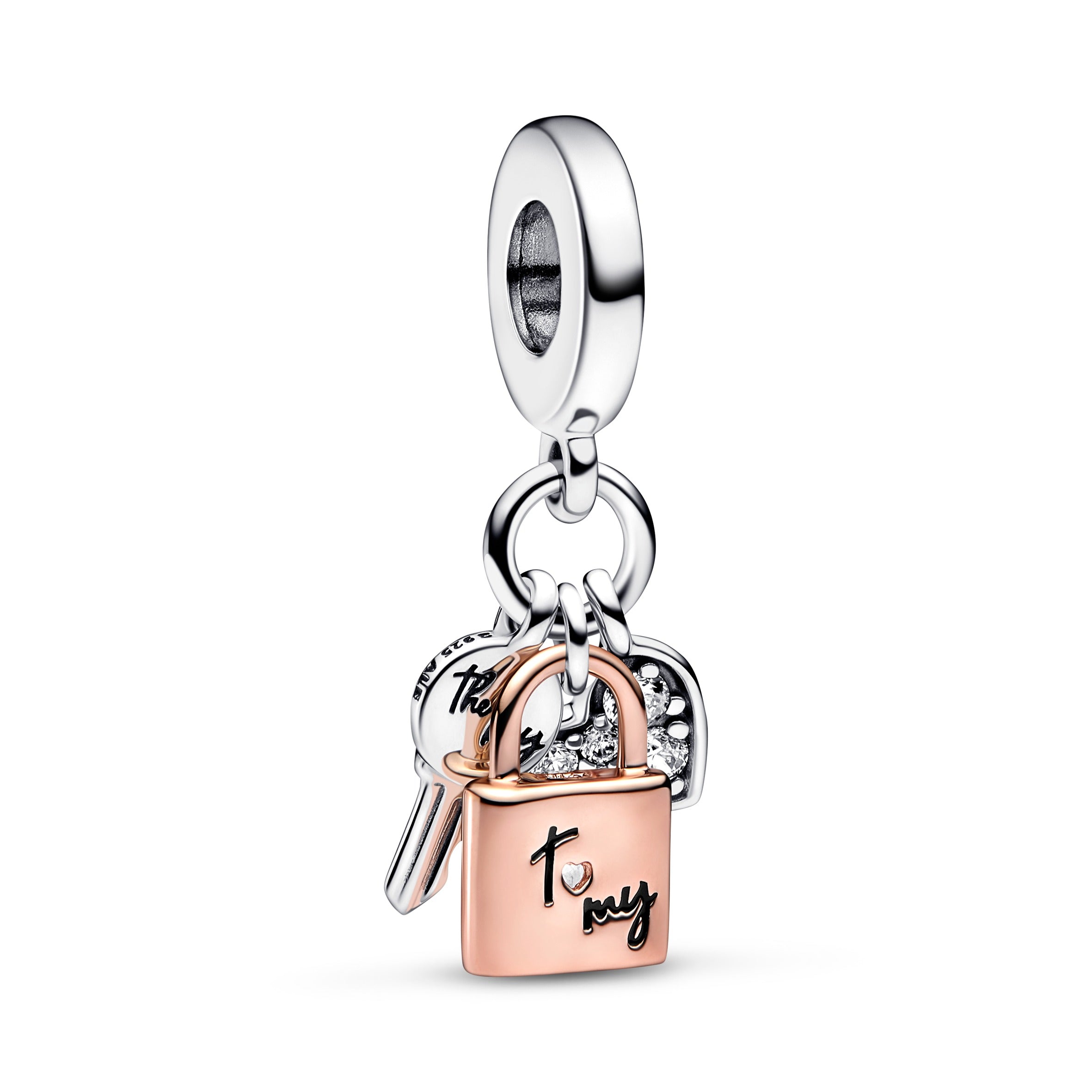 Padlock, Key And Heart Sterling Silver And 14K Rose Gold-Plated Dangle With Clear Cubic Zirconia And Black Enamel