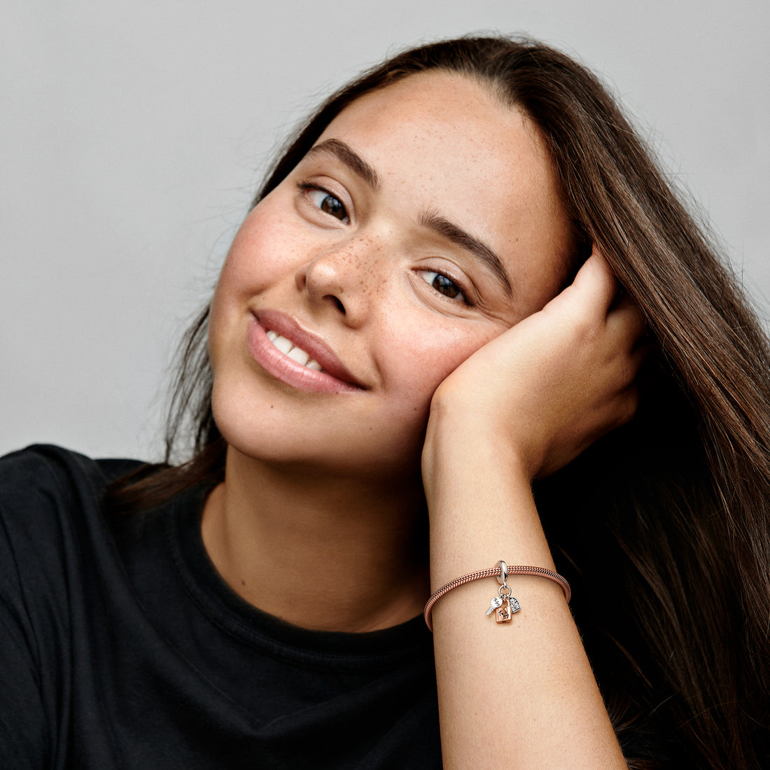 Padlock, Key And Heart Sterling Silver And 14K Rose Gold-Plated Dangle With Clear Cubic Zirconia And Black Enamel