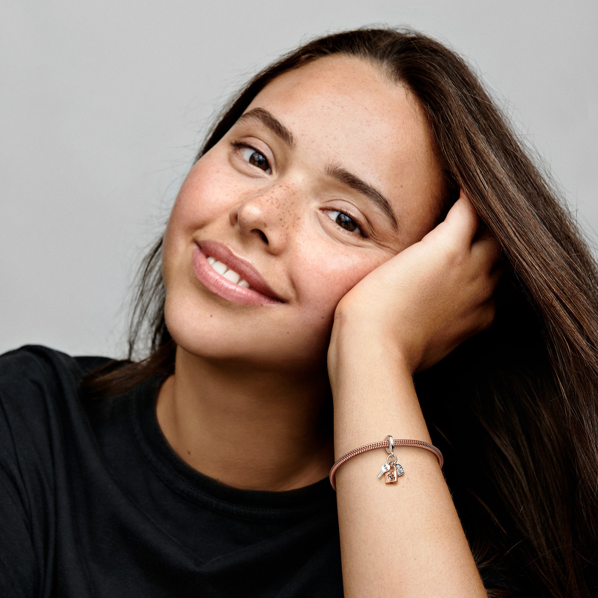 Padlock, Key And Heart Sterling Silver And 14K Rose Gold-Plated Dangle With Clear Cubic Zirconia And Black Enamel
