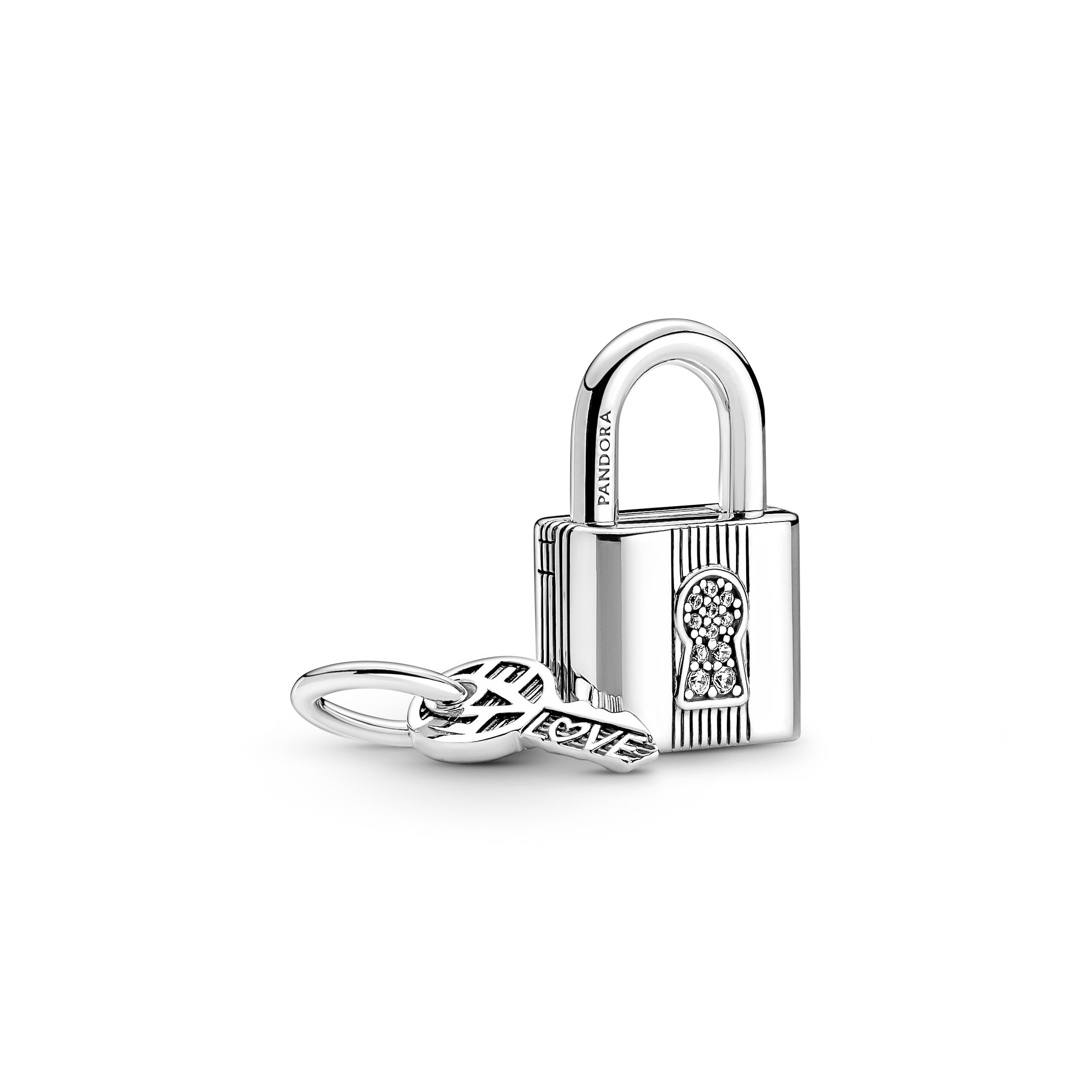Padlock And Key Sterling Silver Dangle With Clear Cubic Zirconia
