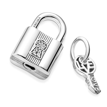 Padlock And Key Sterling Silver Dangle With Clear Cubic Zirconia