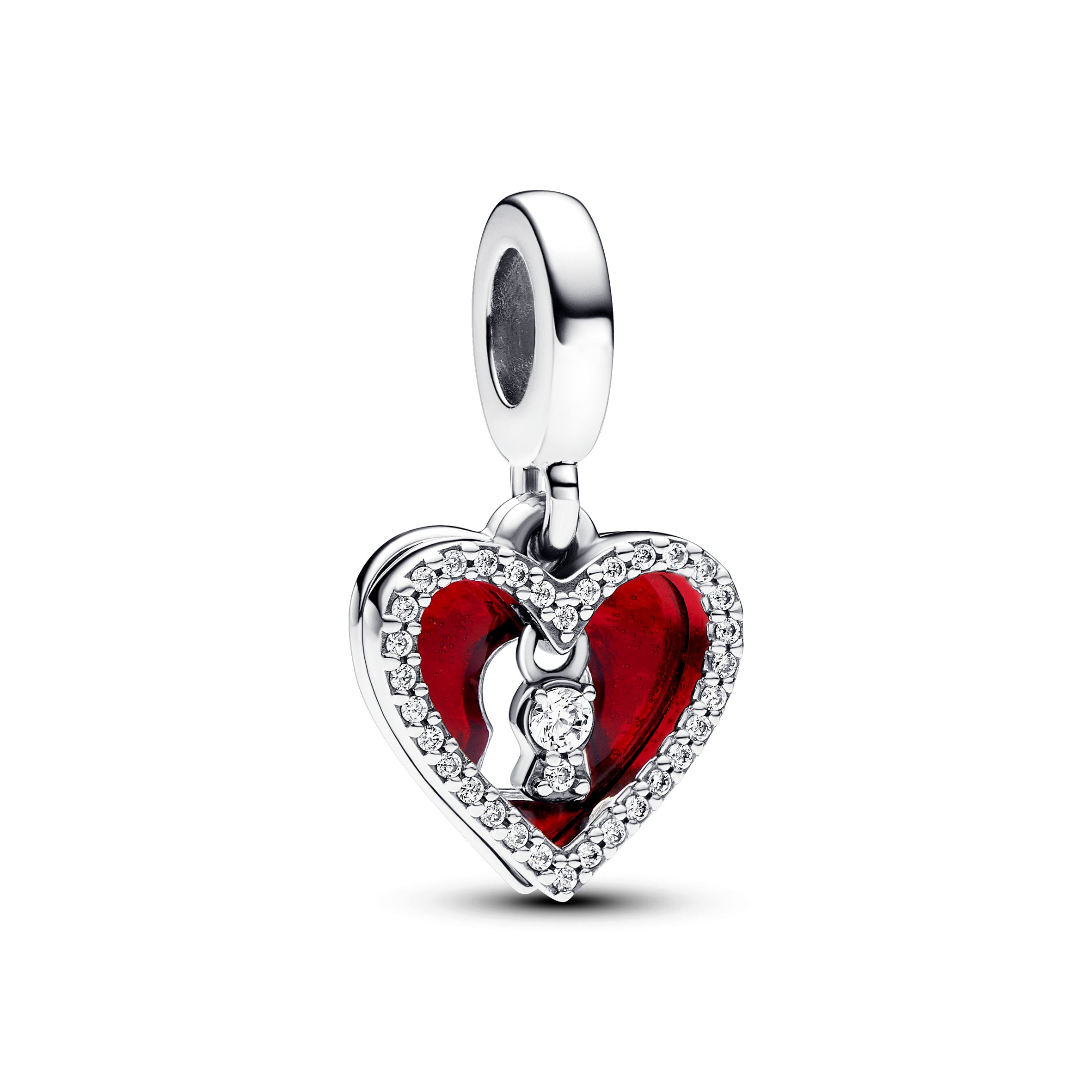 Padlock Heart Sterling Silver Double Dangle With Clear Cubic Zirconia And Red Enamel