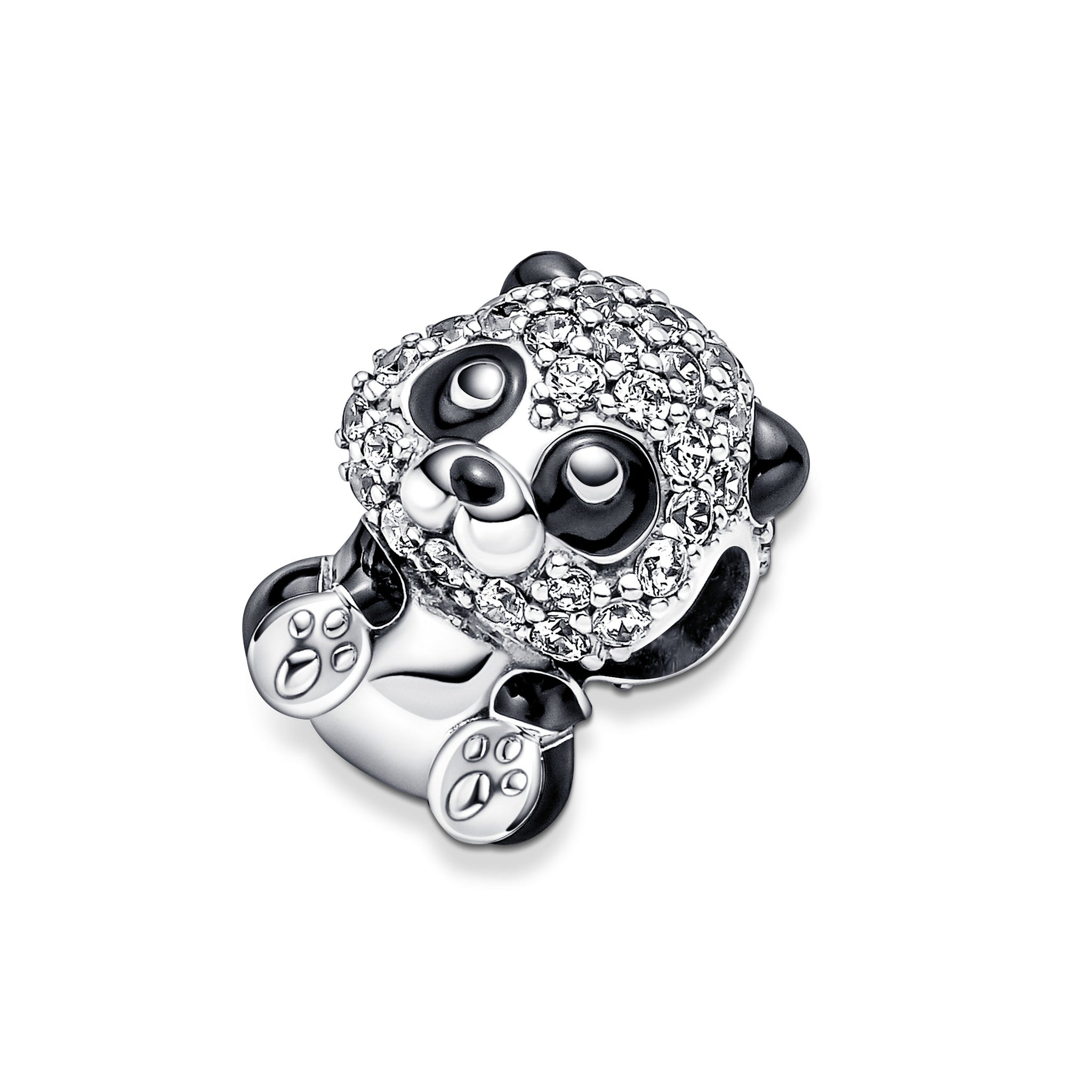 Panda Sterling Silver Charm With Clear Cubic Zirconia And Black Enamel
