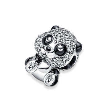 Panda Sterling Silver Charm With Clear Cubic Zirconia And Black Enamel