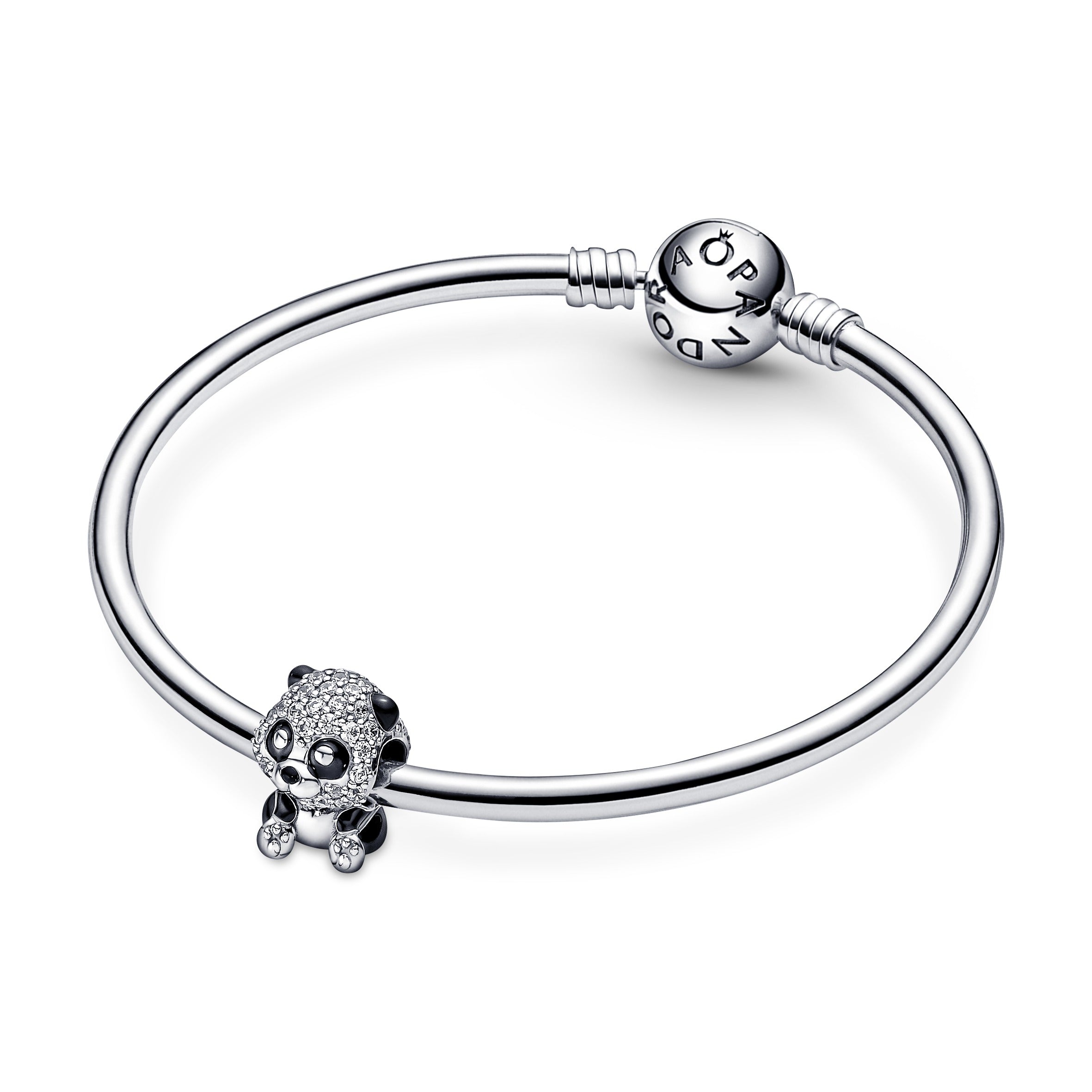 Panda Sterling Silver Charm With Clear Cubic Zirconia And Black Enamel