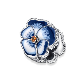 Pansy Sterling Silver Charm With Clear Cubic Zirconia, Burnt Orange Crystal, Shaded Blue And White Enamel