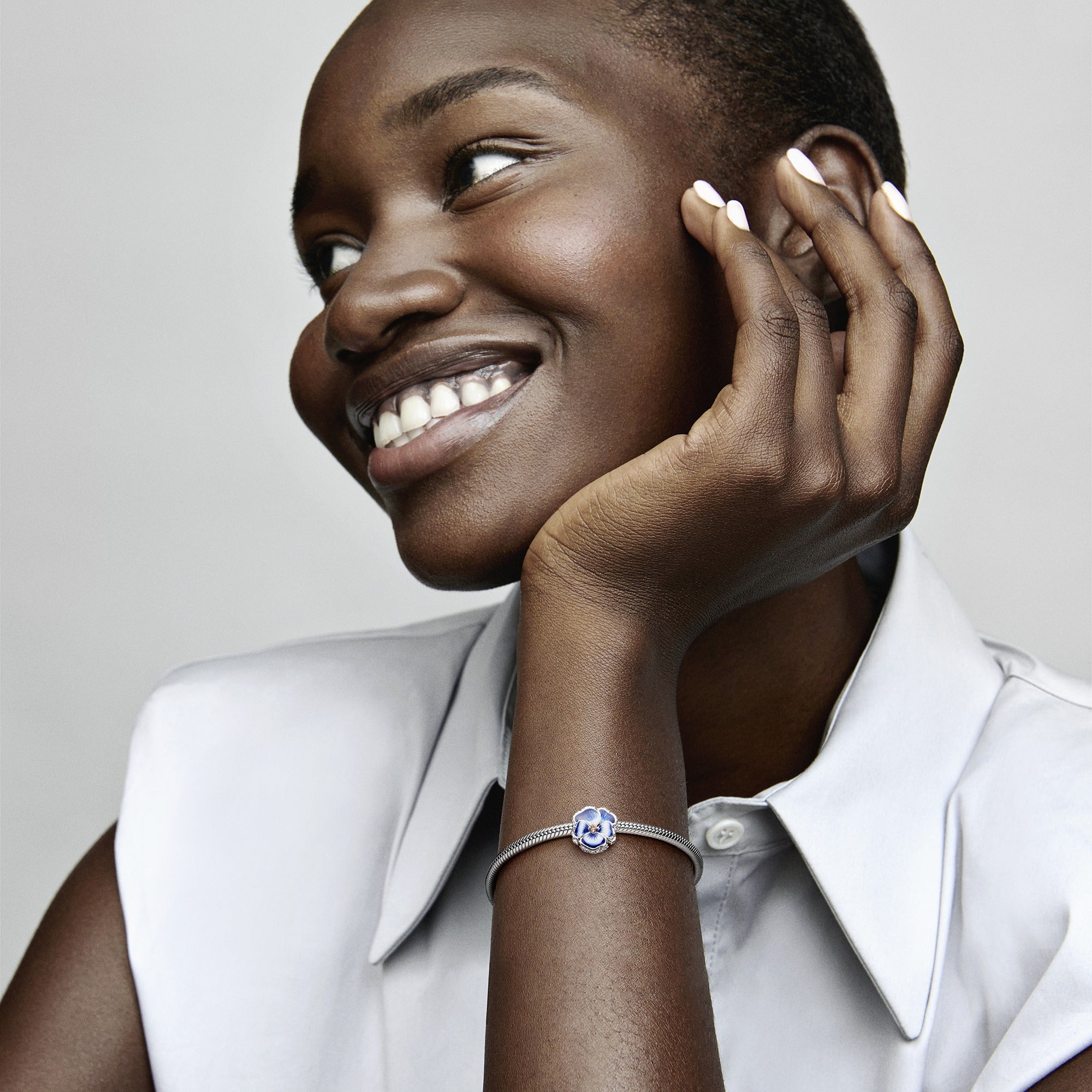 Pansy Sterling Silver Charm With Clear Cubic Zirconia, Burnt Orange Crystal, Shaded Blue And White Enamel