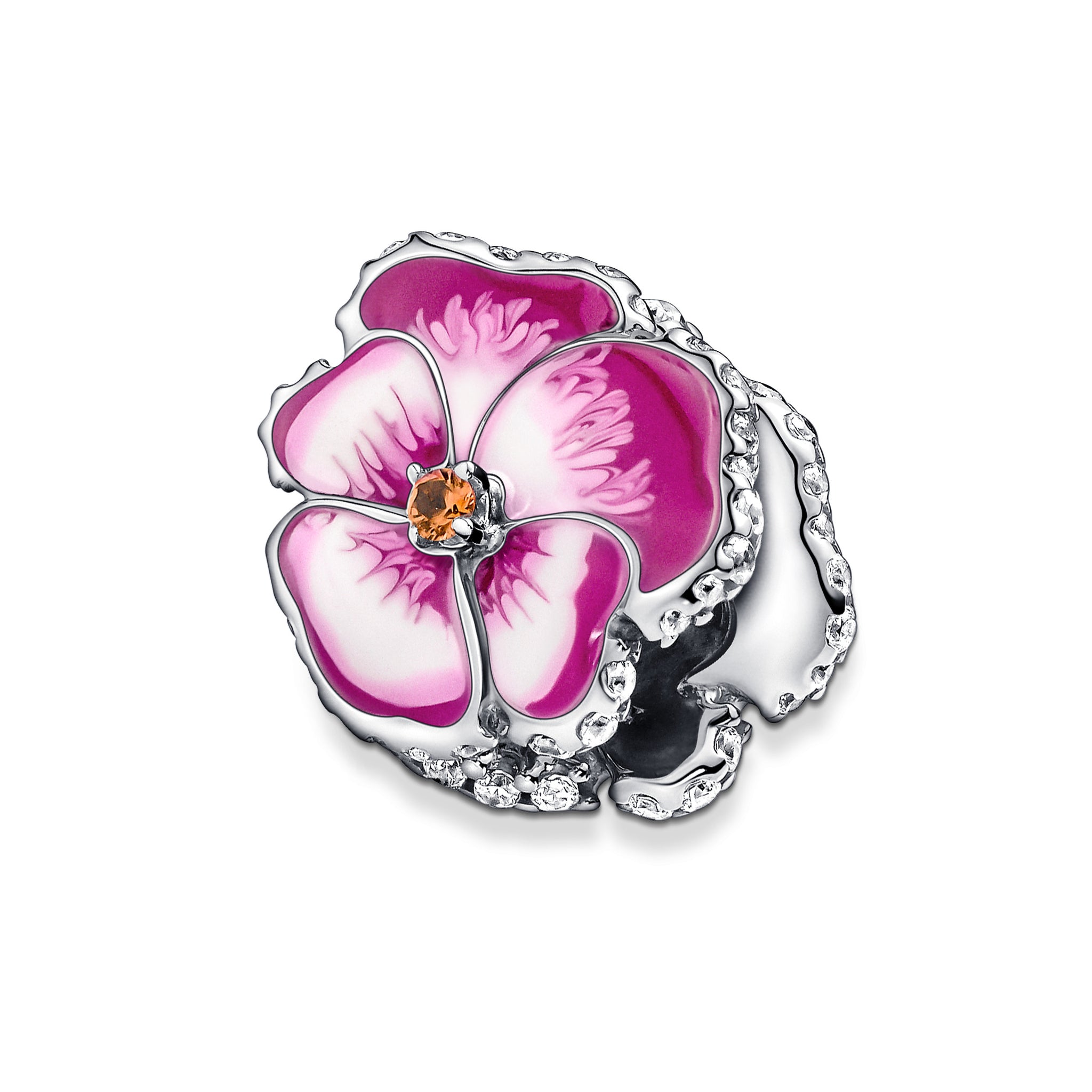 Pansy Sterling Silver Charm With Clear Cubic Zirconia, Burnt Orange Crystal, Shaded Pink And White Enamel