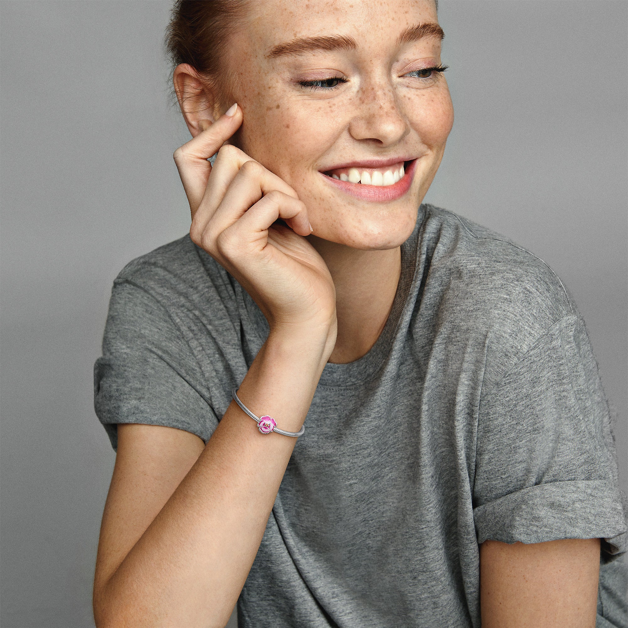 Pansy Sterling Silver Charm With Clear Cubic Zirconia, Burnt Orange Crystal, Shaded Pink And White Enamel