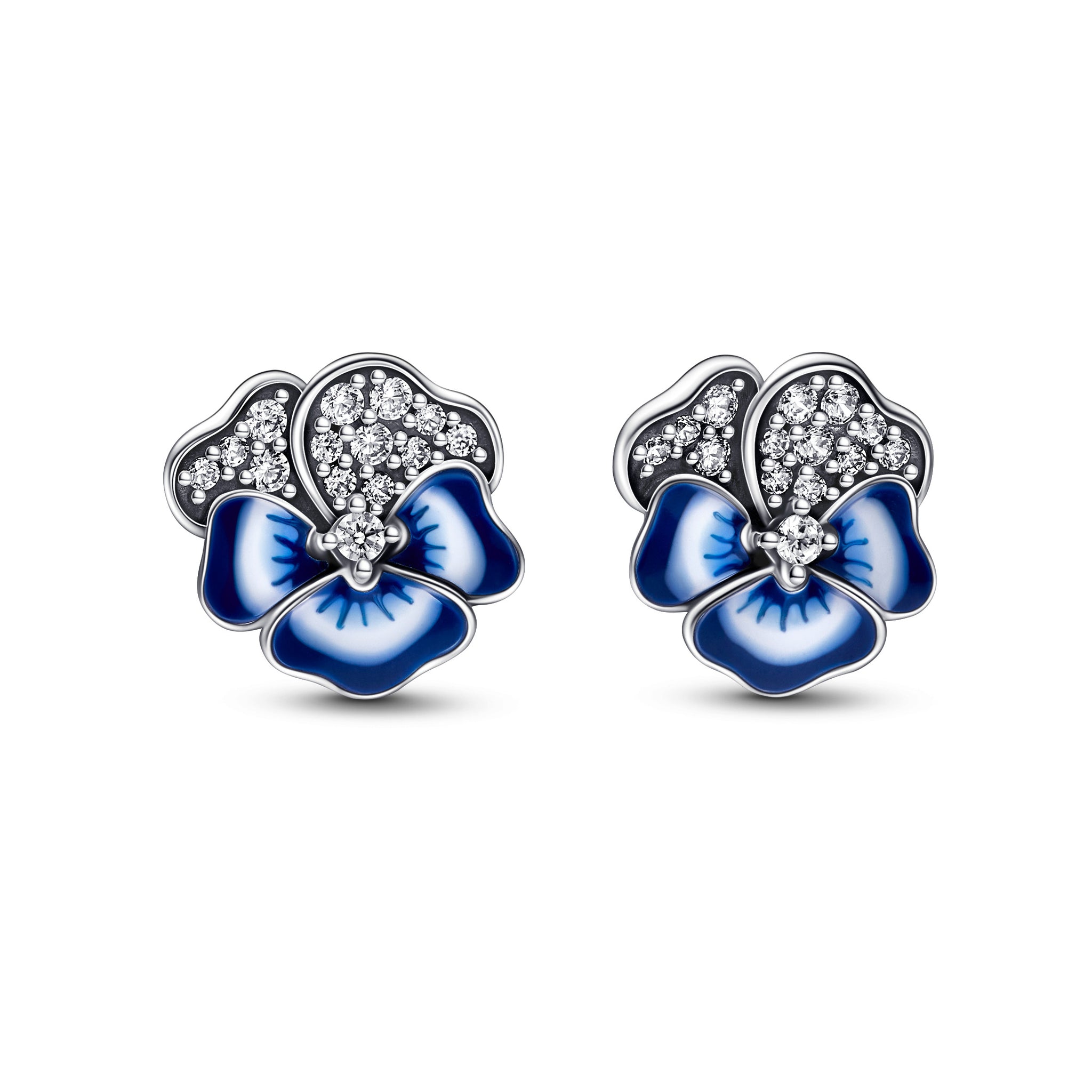 Pansy Sterling Silver Stud Earrings With Clear Cubic Zirconia And Shaded Blue And White Enamel