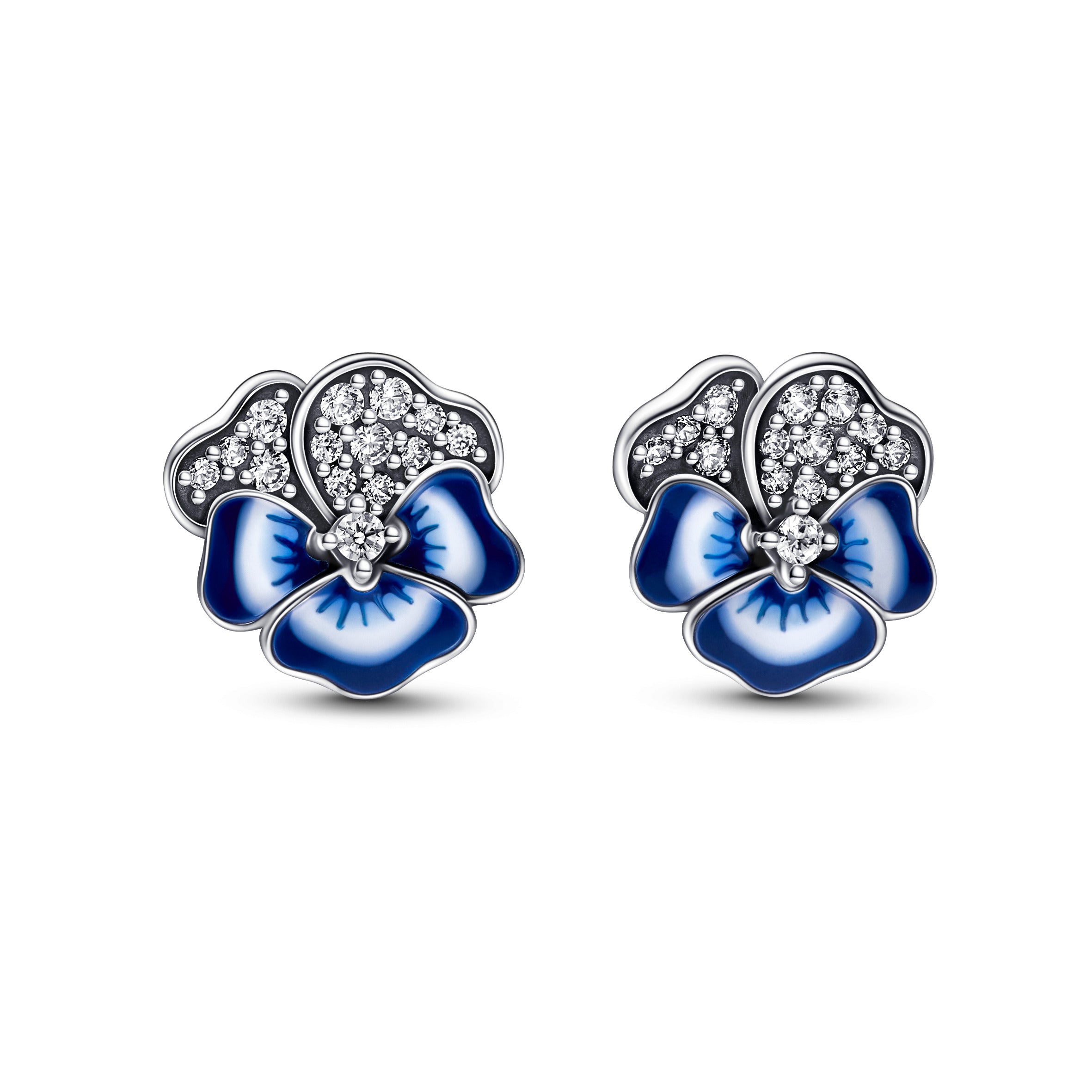 Pansy Sterling Silver Stud Earrings With Clear Cubic Zirconia And Shaded Blue And White Enamel