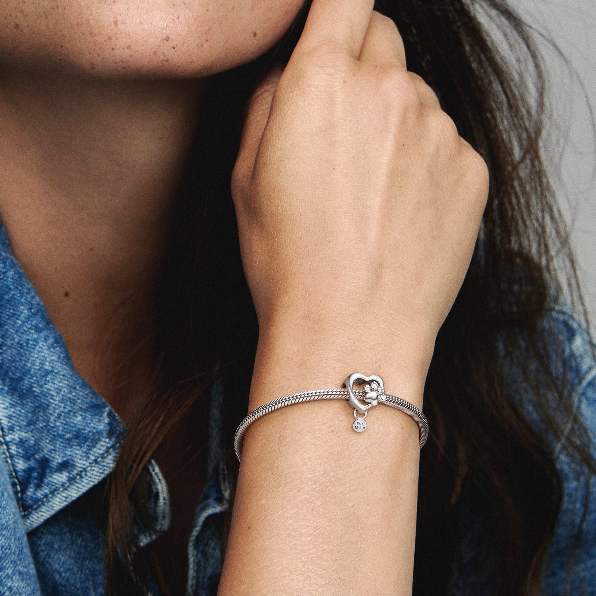 Paw Heart Sterling Silver Charm With Clear Cubic Zirconia