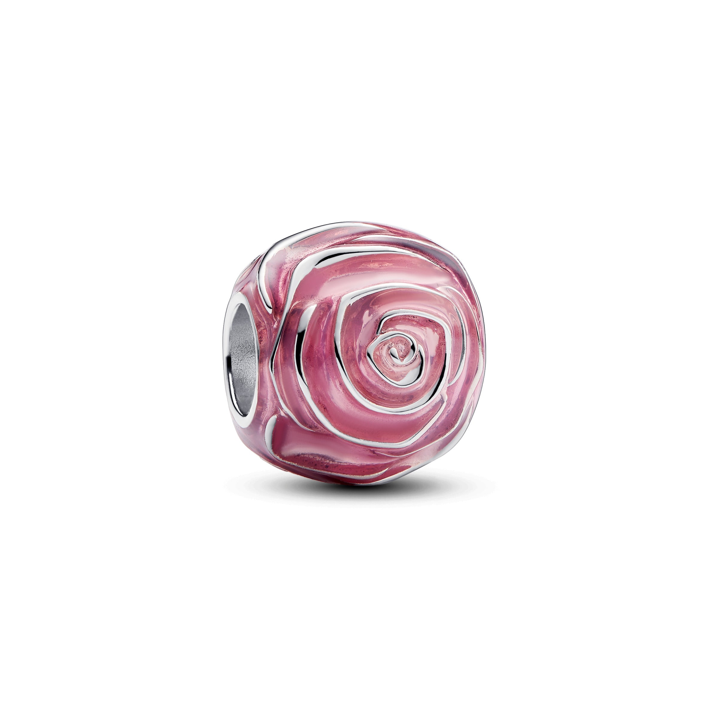 Pink Rose Sterling Silver Charm With Transparent Pink Enamel