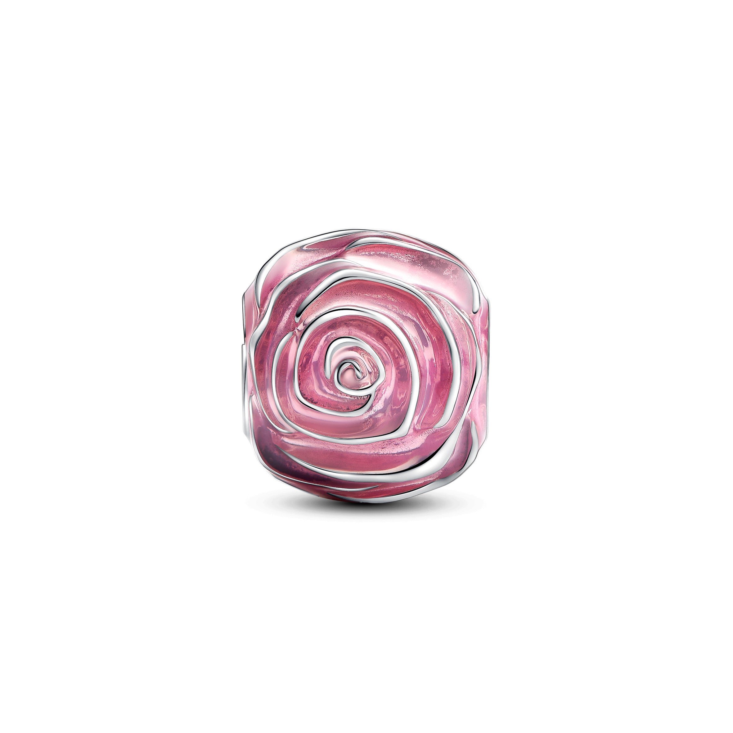 Pink Rose Sterling Silver Charm With Transparent Pink Enamel
