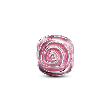 Pink Rose Sterling Silver Charm With Transparent Pink Enamel