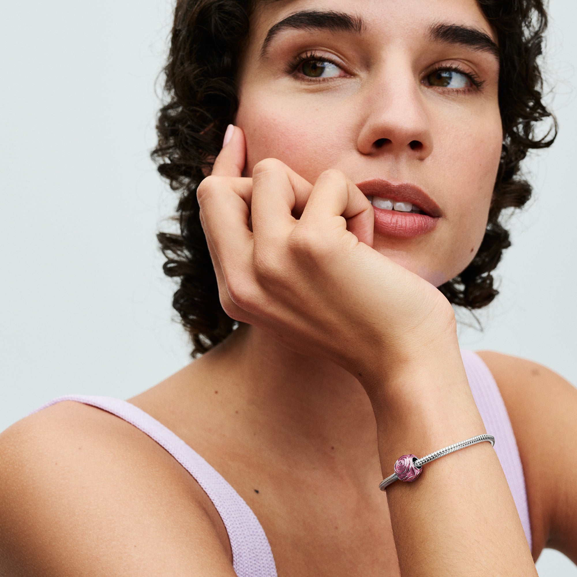 Pink Rose Sterling Silver Charm With Transparent Pink Enamel