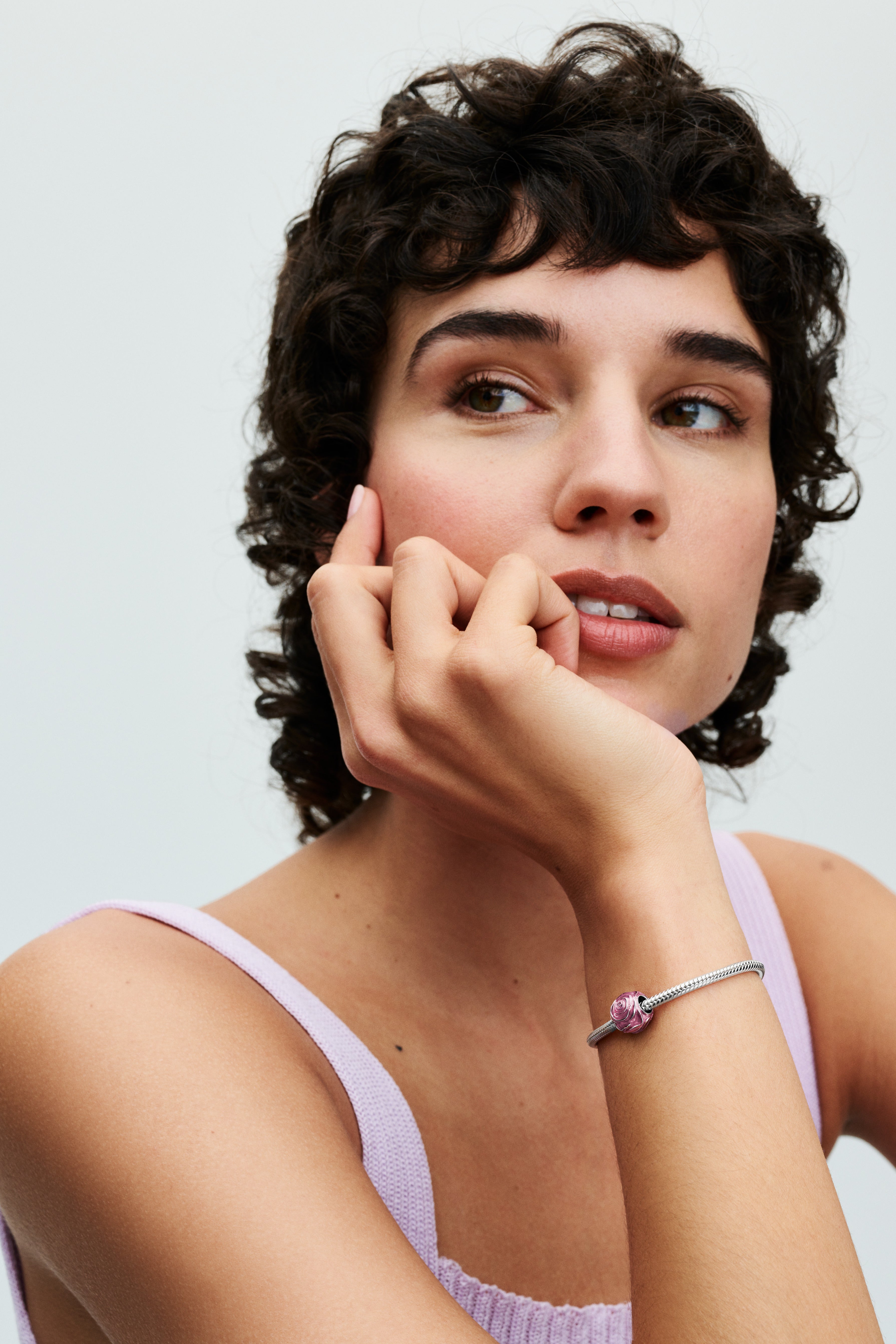 Pink Rose Sterling Silver Charm With Transparent Pink Enamel