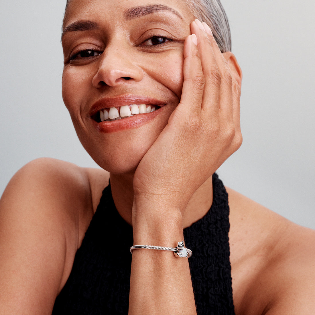 Polar Bear Sterling Silver Charm With White Lab-Created Opal And Black Enamel