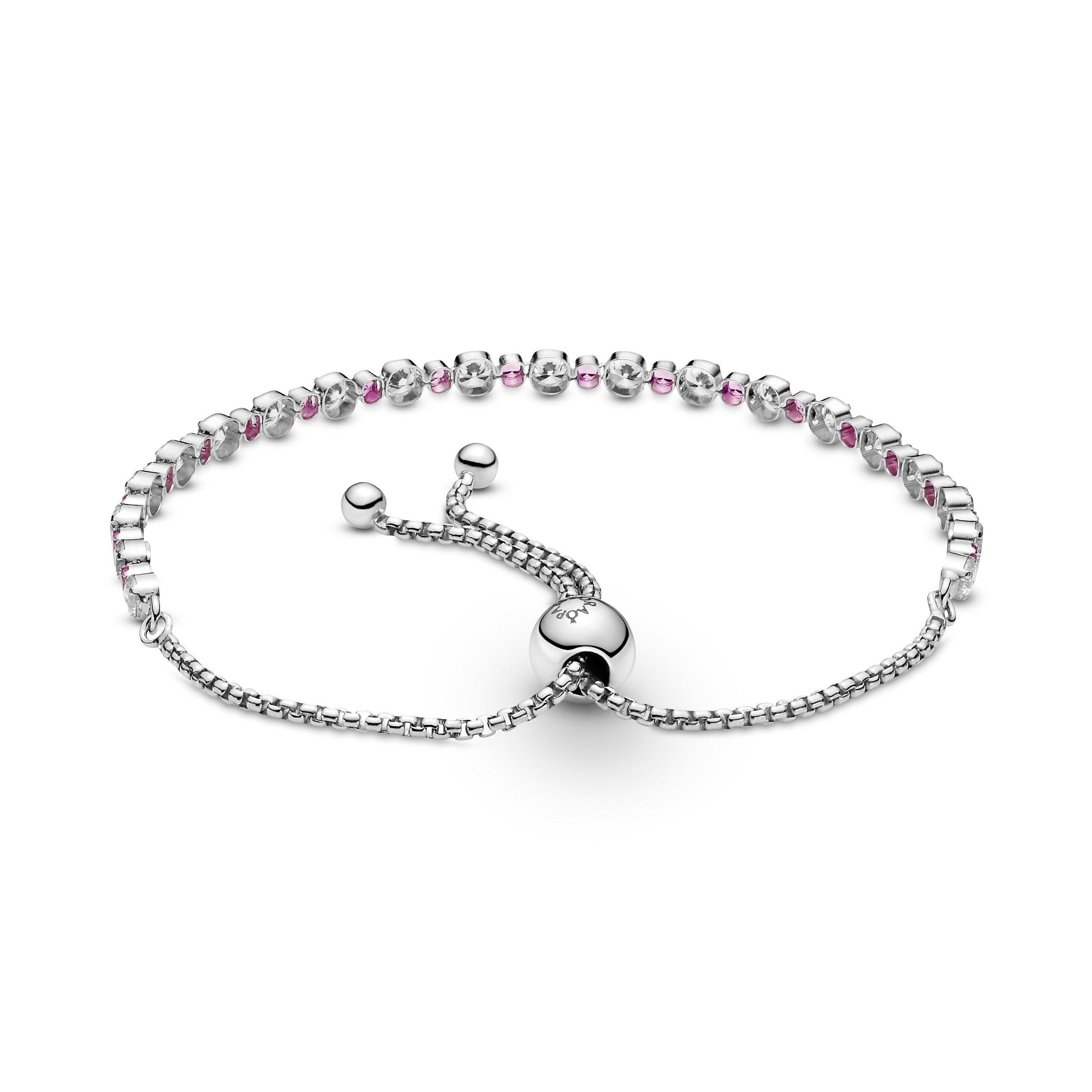 Rhodium Plated Sterling Silver Slider Bracelet With Clear Cubic Zirconia And Synthetic Pink Sapphire