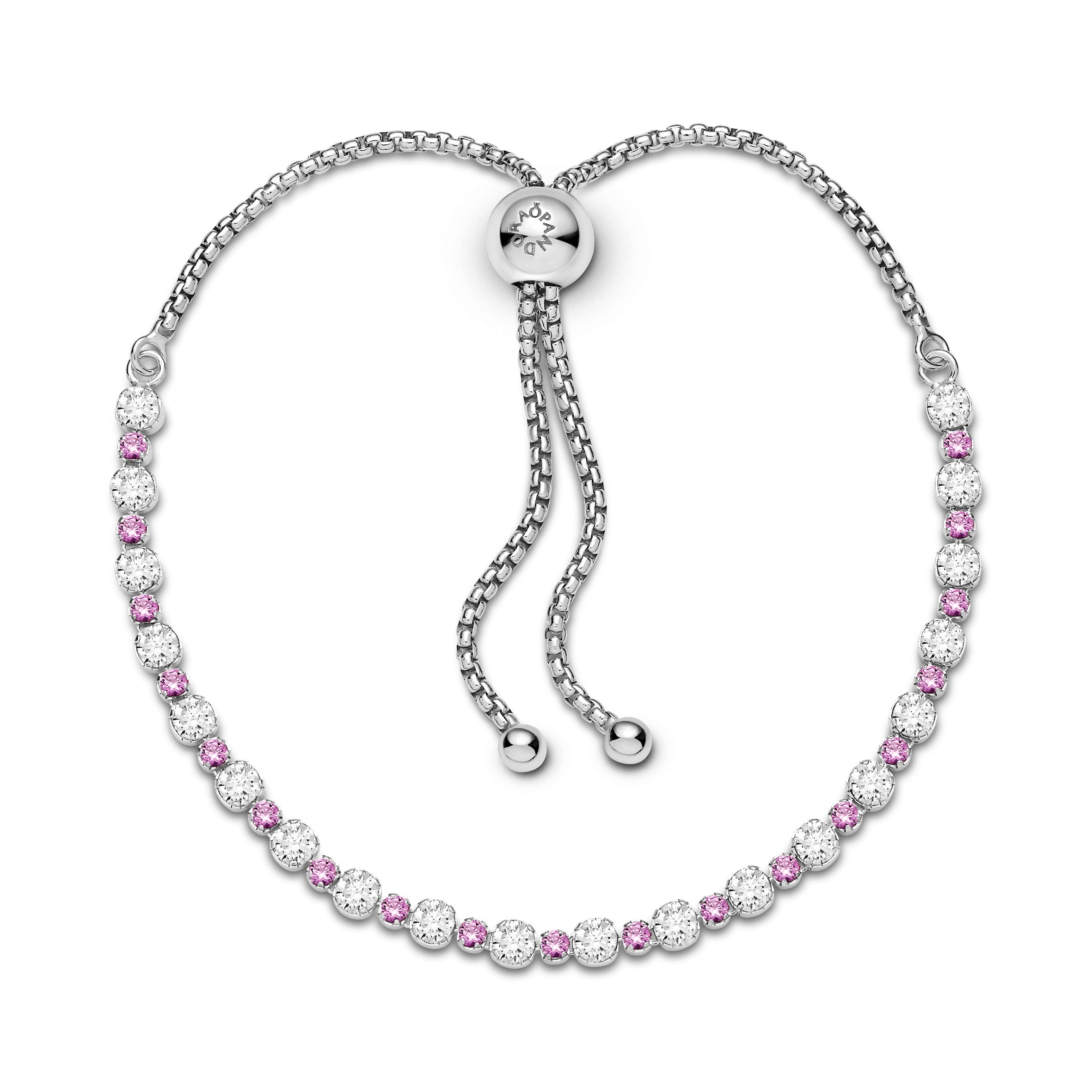Rhodium Plated Sterling Silver Slider Bracelet With Clear Cubic Zirconia And Synthetic Pink Sapphire