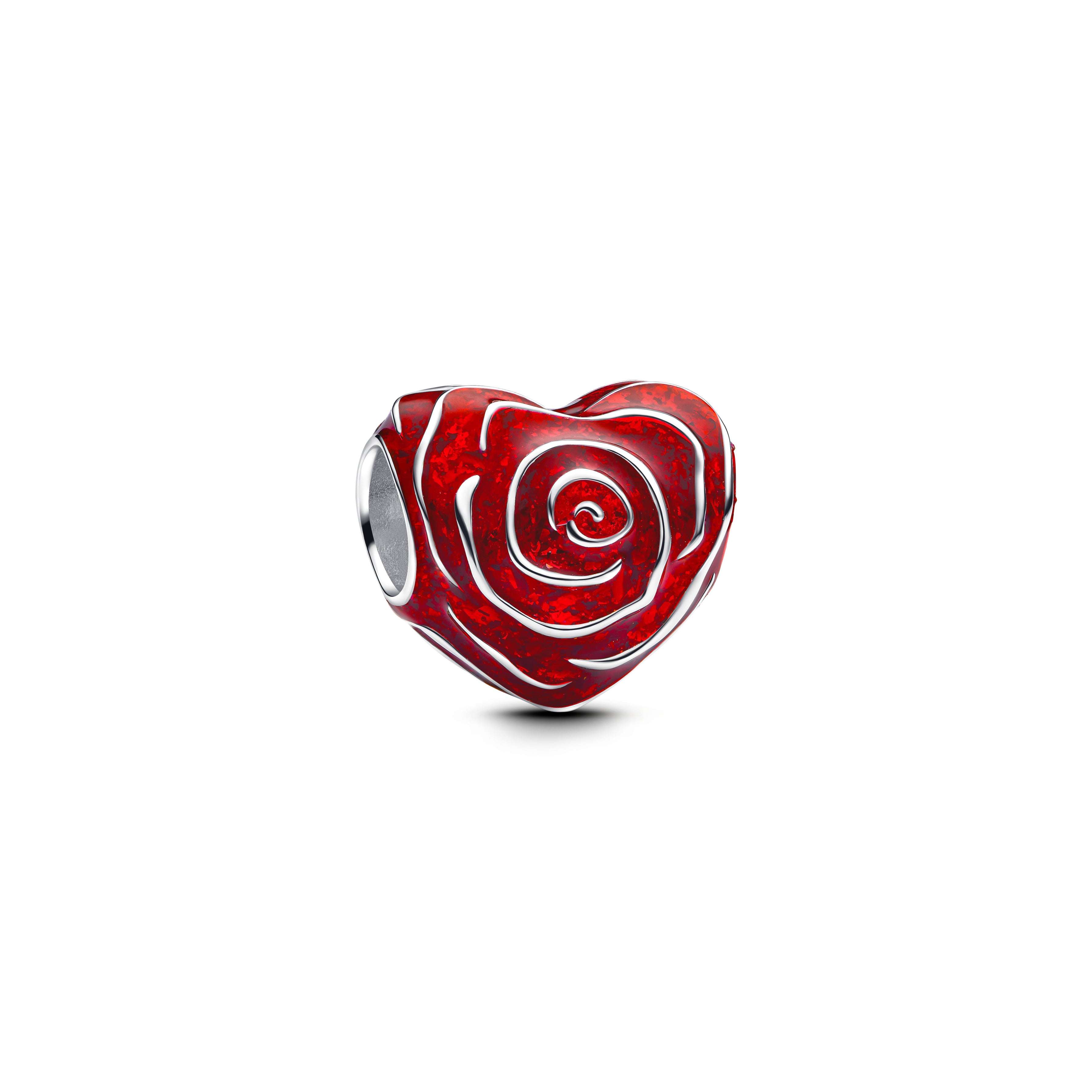Rose Heart Sterling Silver Charm With Red Enamel