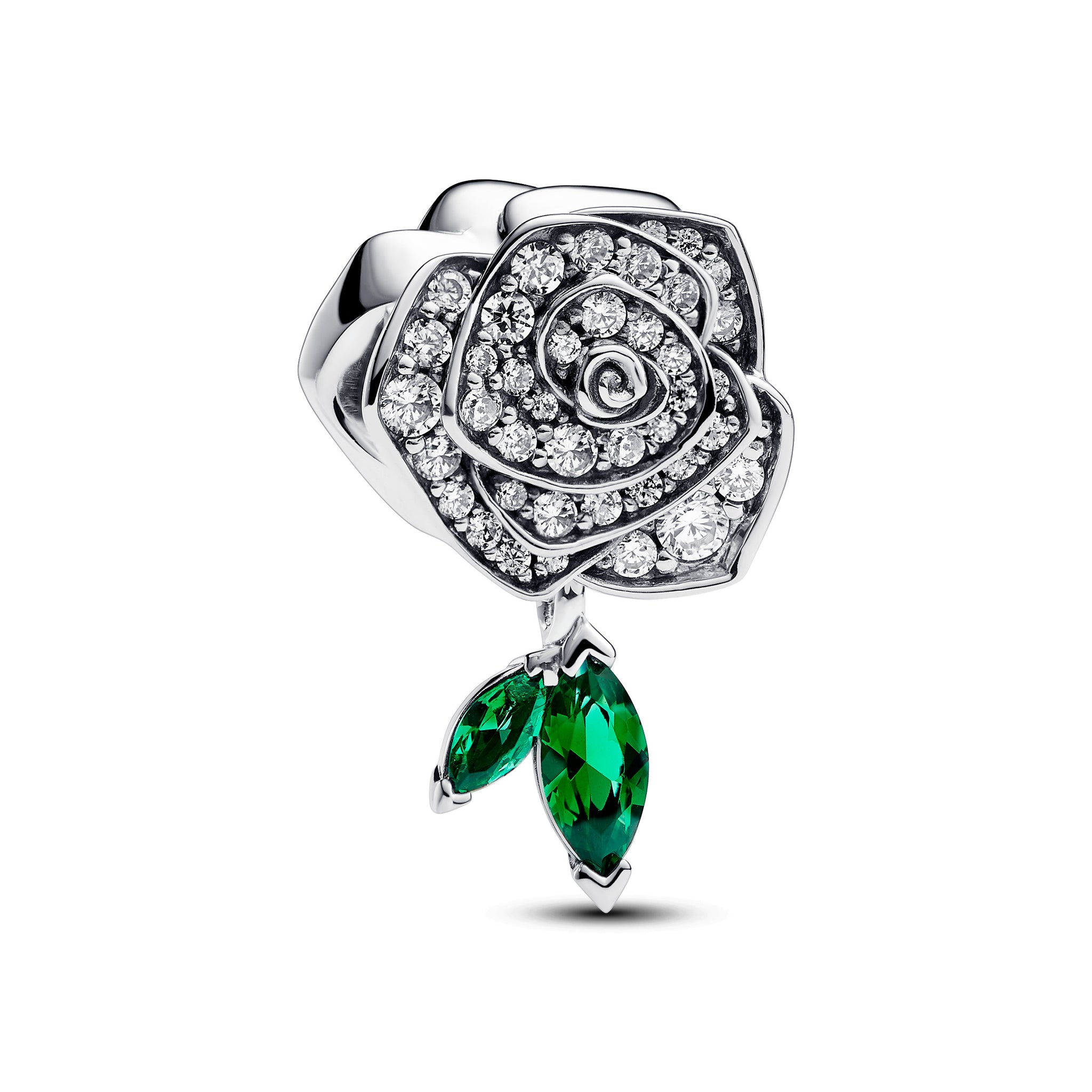 Rose Sterling Silver Charm With Clear Cubic Zirconia And Royal Green Crystal