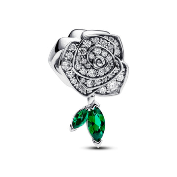 Rose Sterling Silver Charm With Clear Cubic Zirconia And Royal Green Crystal