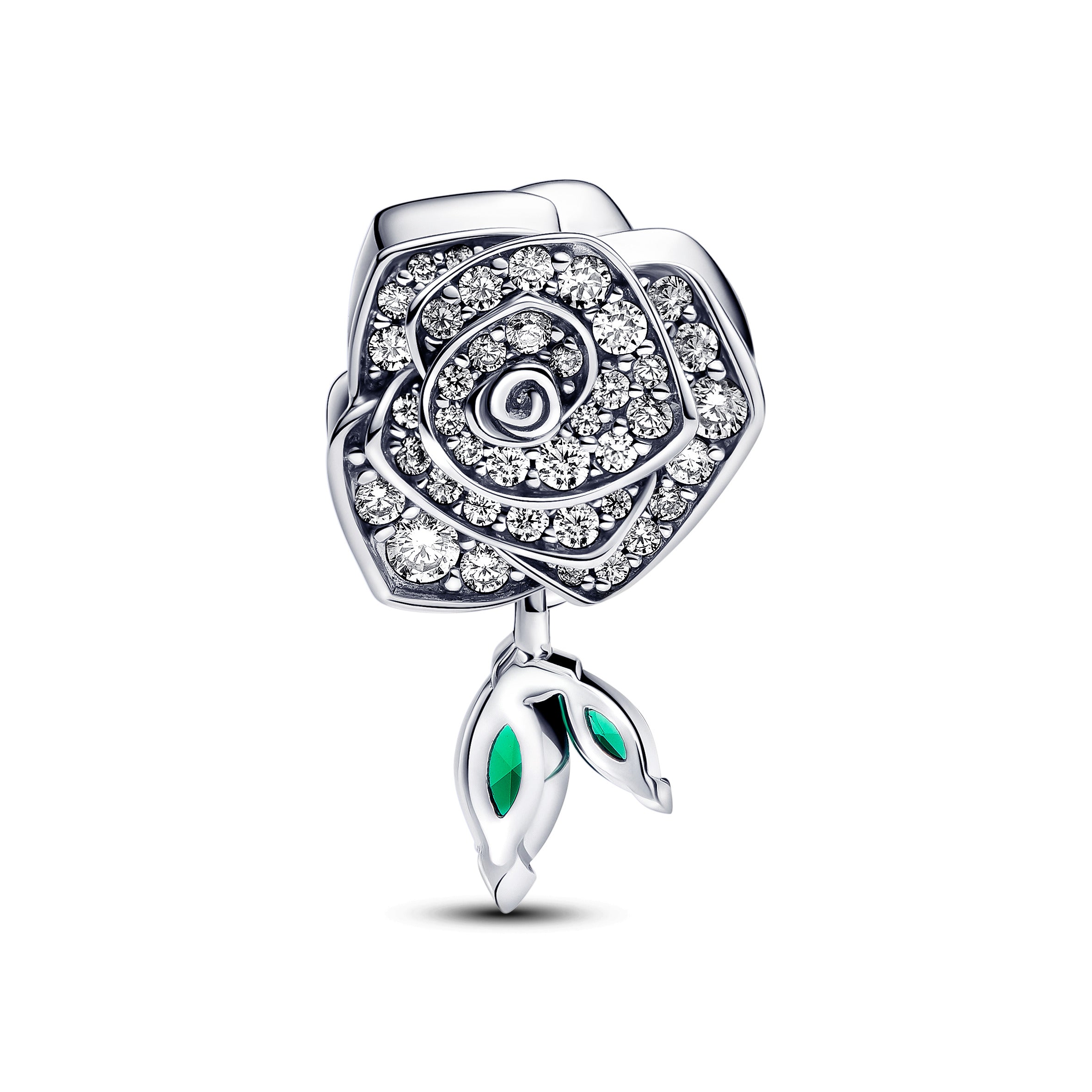 Rose Sterling Silver Charm With Clear Cubic Zirconia And Royal Green Crystal