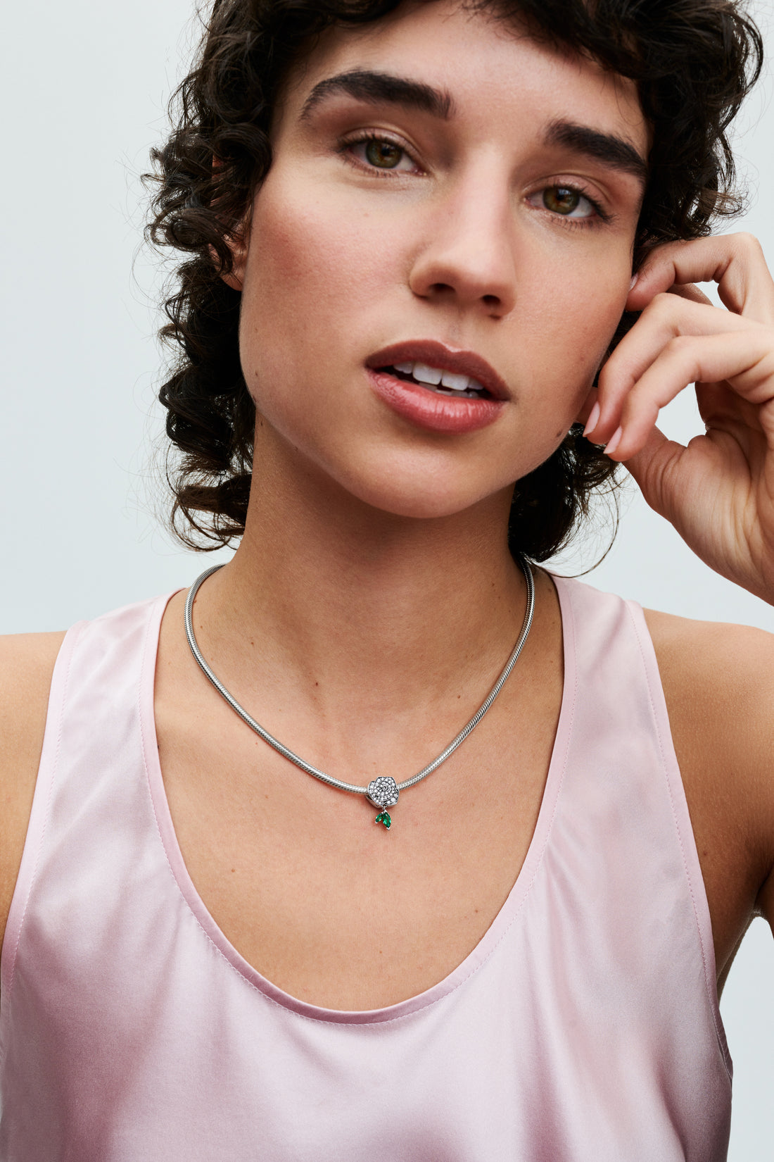 Rose Sterling Silver Charm With Clear Cubic Zirconia And Royal Green Crystal