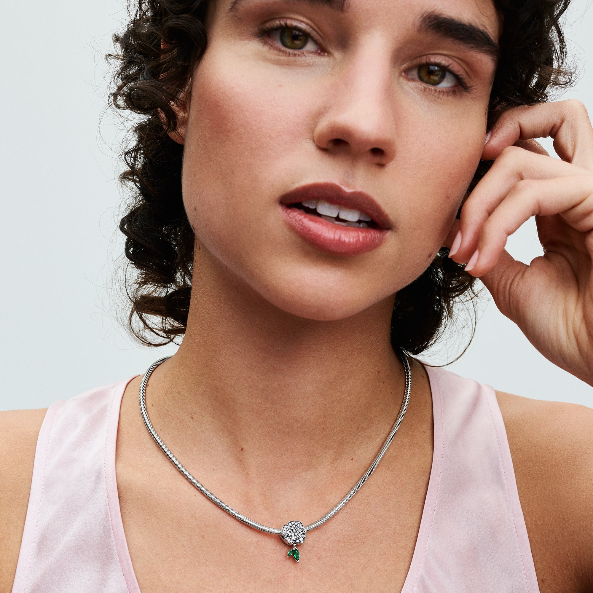 Rose Sterling Silver Charm With Clear Cubic Zirconia And Royal Green Crystal