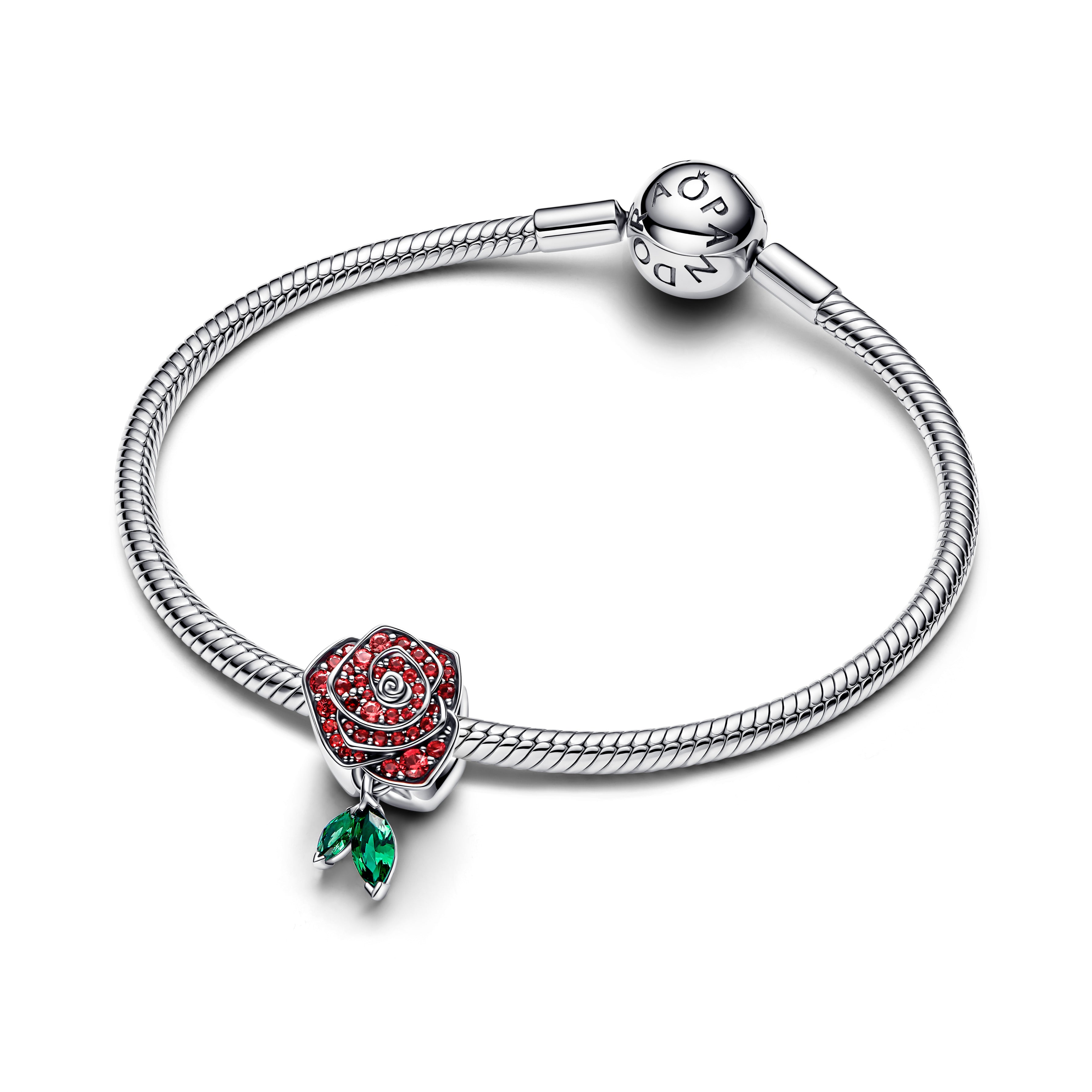 Rose Sterling Silver Charm With Salsa Red Crystal And Royal Green Crystal