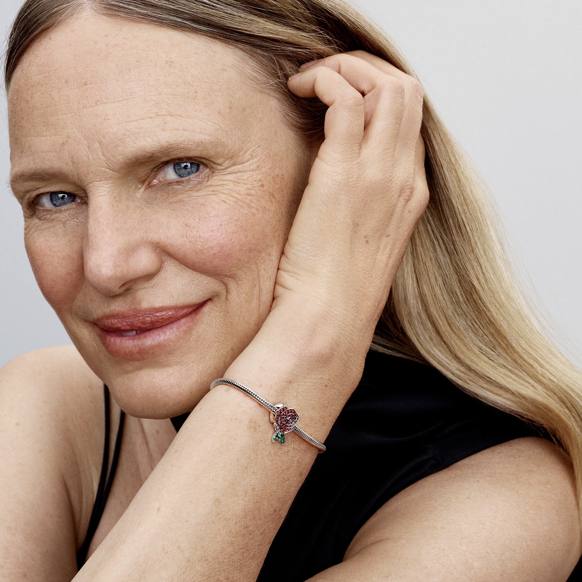 Rose Sterling Silver Charm With Salsa Red Crystal And Royal Green Crystal