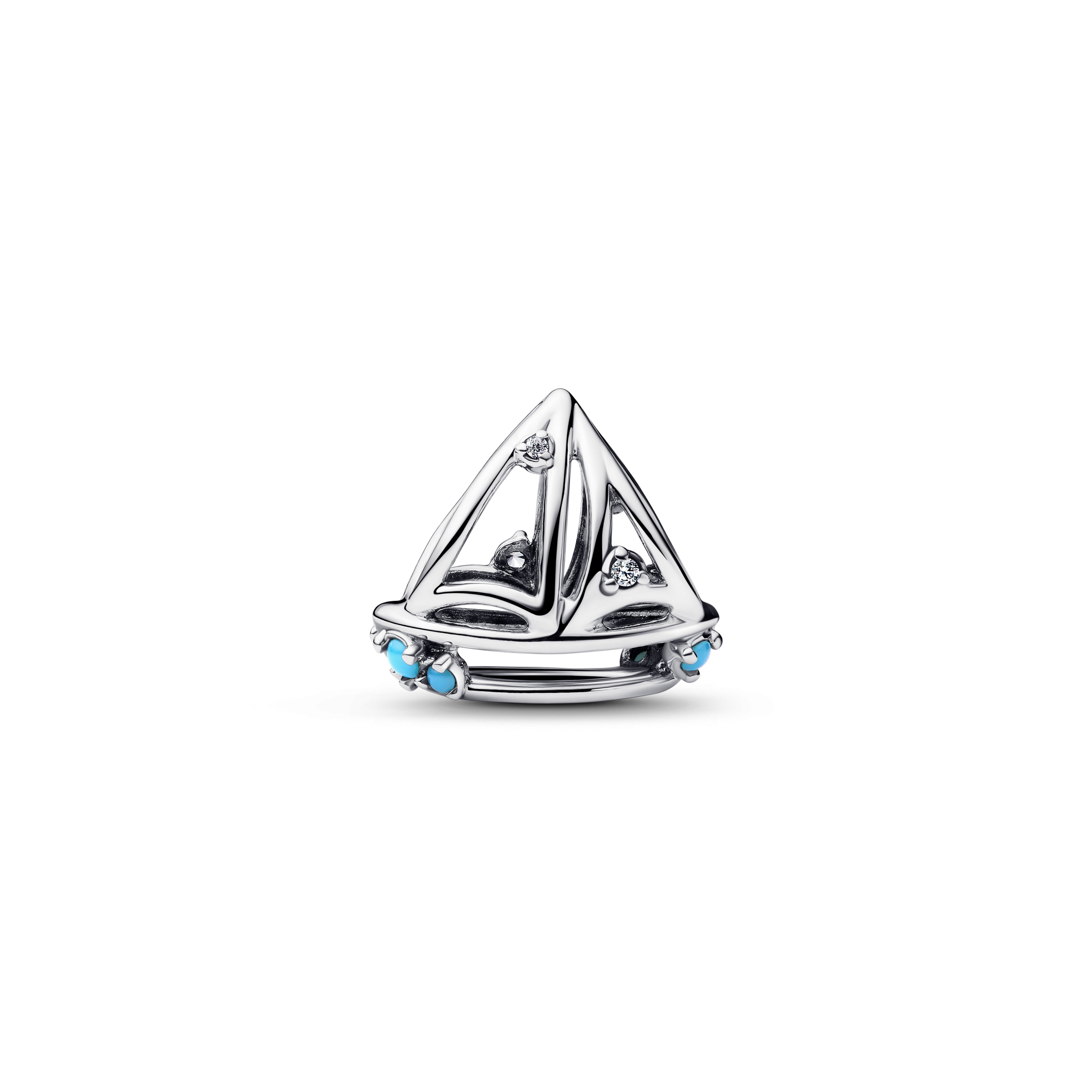 Sailboat Sterling Silver Charm With Clear Cubic Zirconia And Capri Blue Crystal