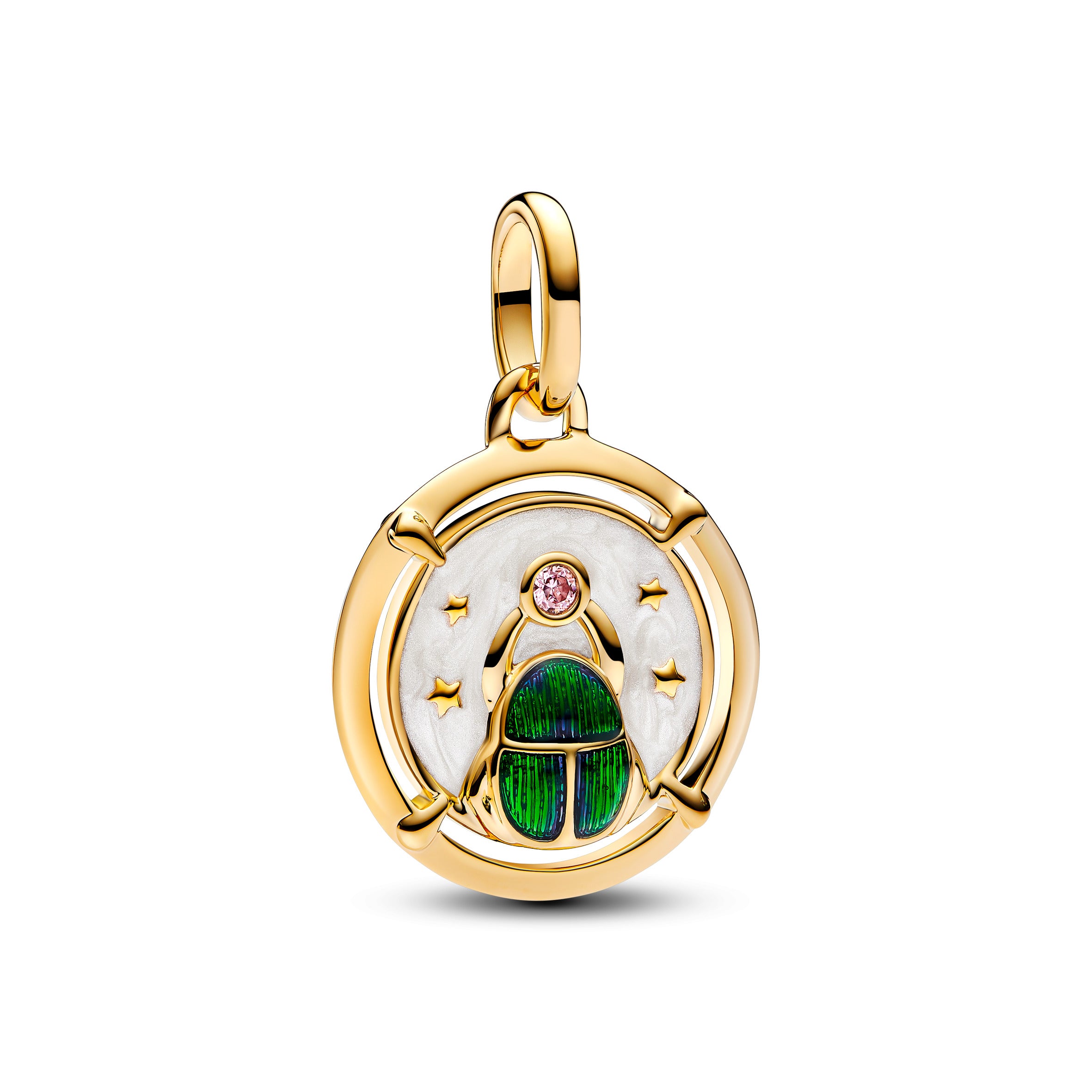 Scarab 14K Gold-Plated Medallion With Pink Cubic Zirconia, Shimmering White, Shaded Blue And Green Enamel